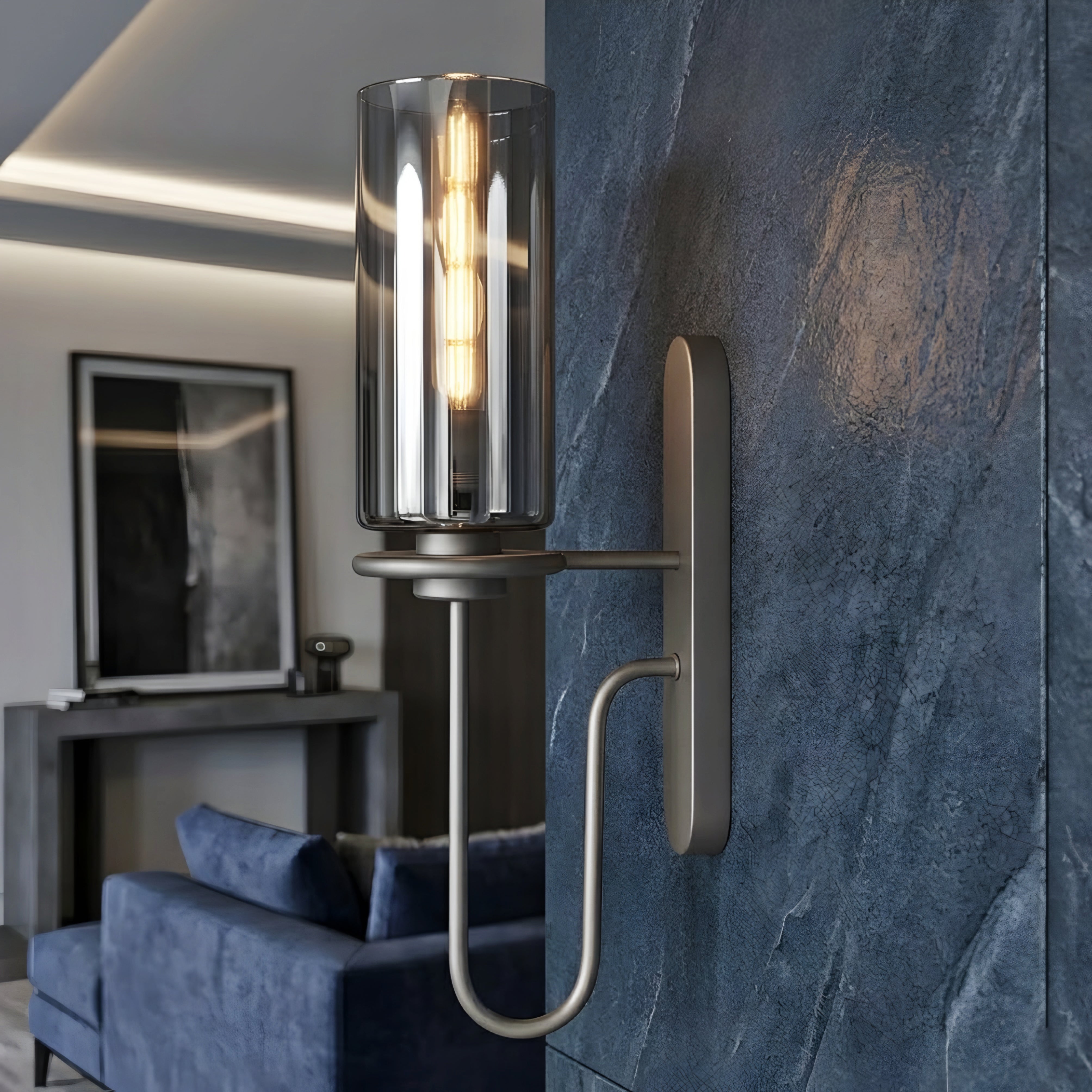 Caldex Glass Wall Sconce – Modern Smoke Glass Decorative Lighting Bedroom Living Room Brushed Nickel