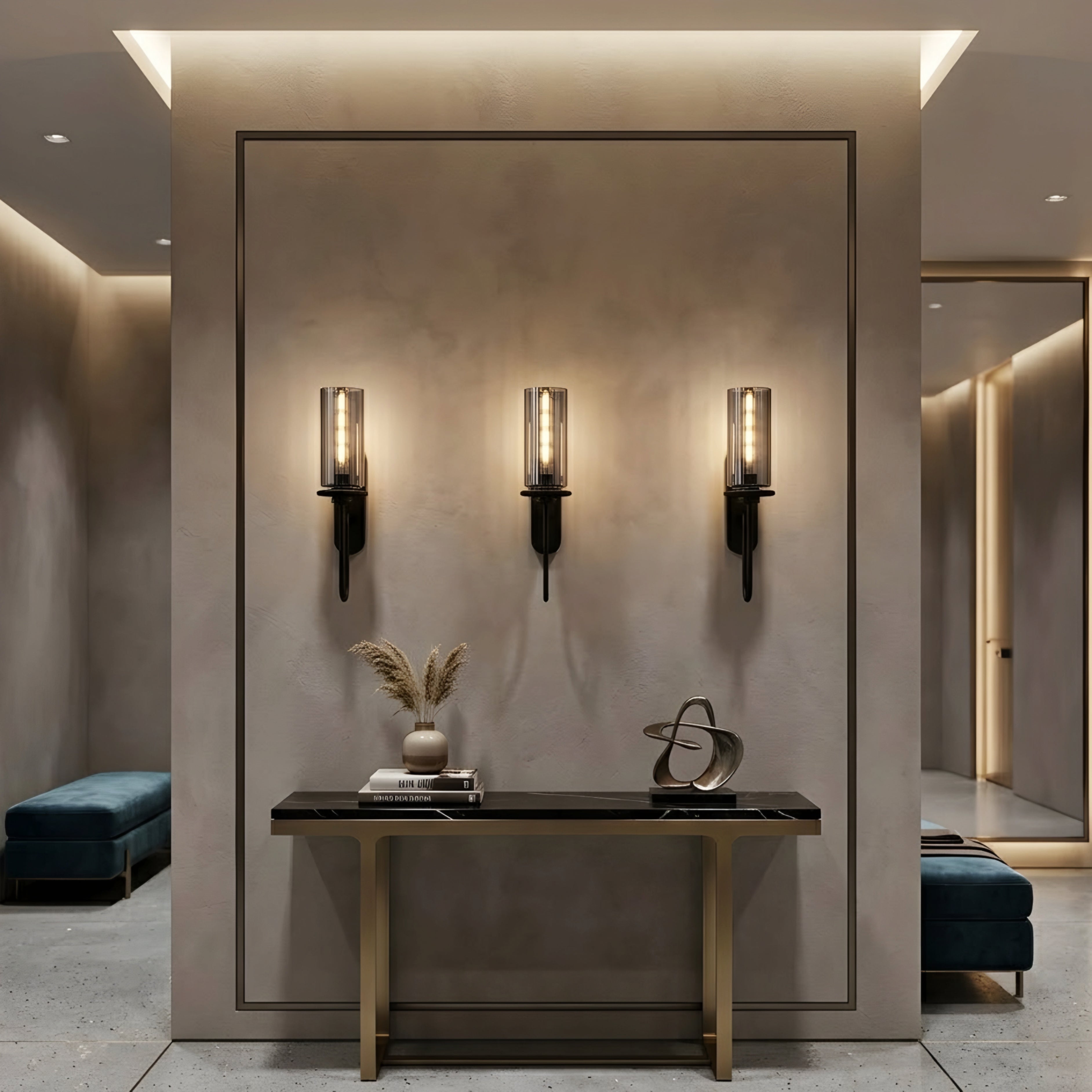 Caldex Glass Wall Sconce – Modern Smoke Glass Decorative Lighting Bedroom Living Room Brushed Nickel