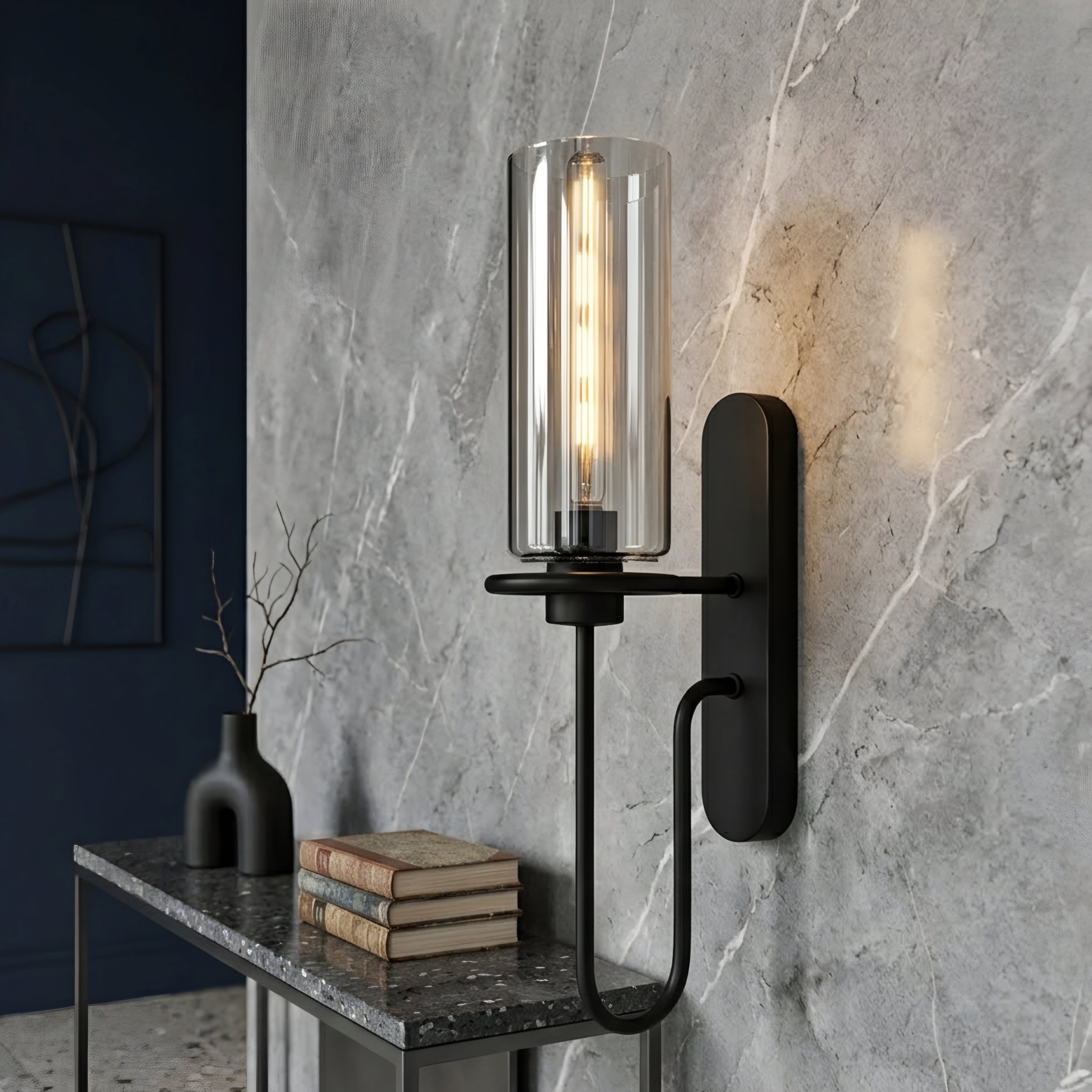 Caldex Glass Wall Sconce – Modern Smoke Glass Decorative Lighting Bedroom Living Room Brushed Nickel