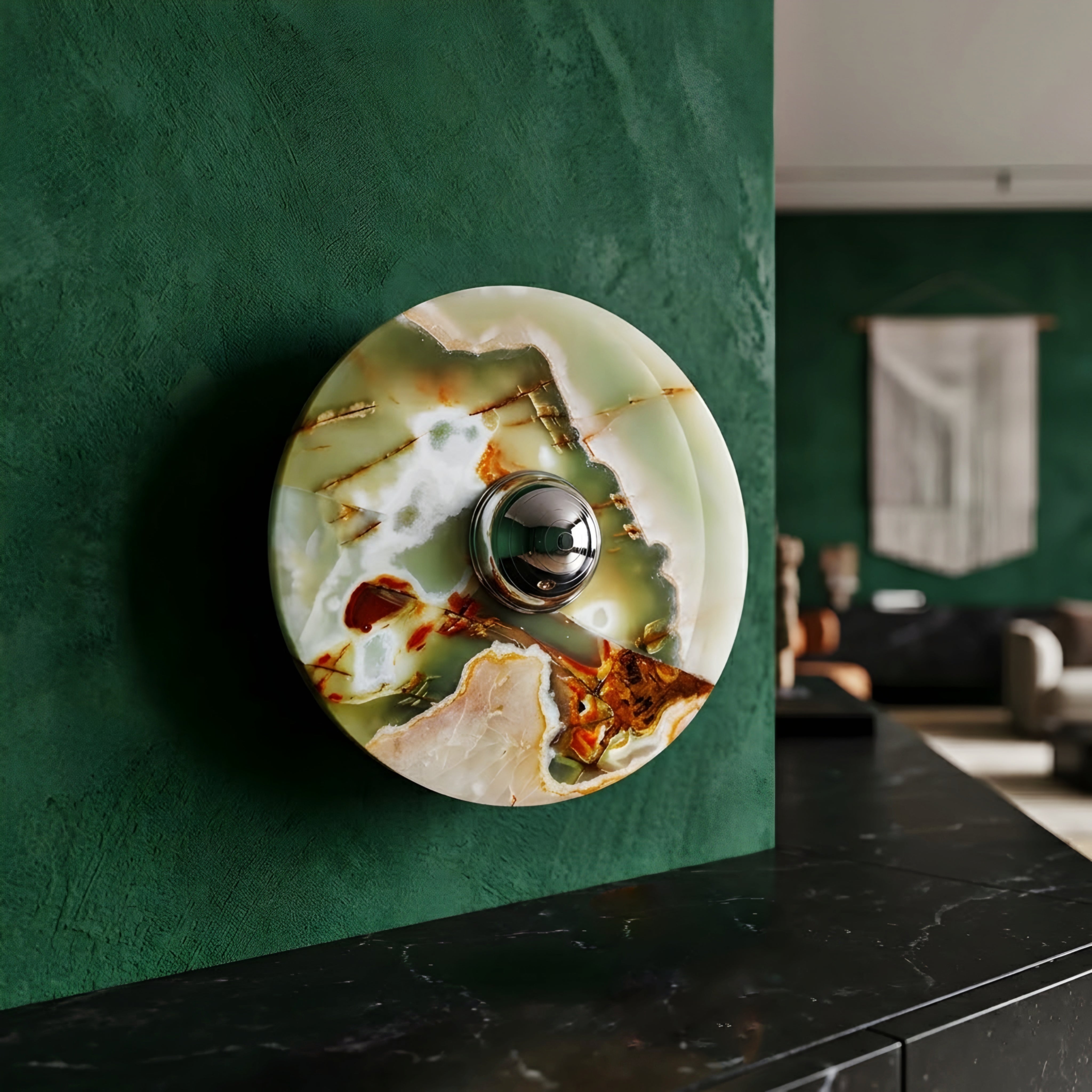 Veritas Onyx Wall Sconce – Green Marble Stone Decorative Lighting Chrome Accent Modern Bedroom Living Room