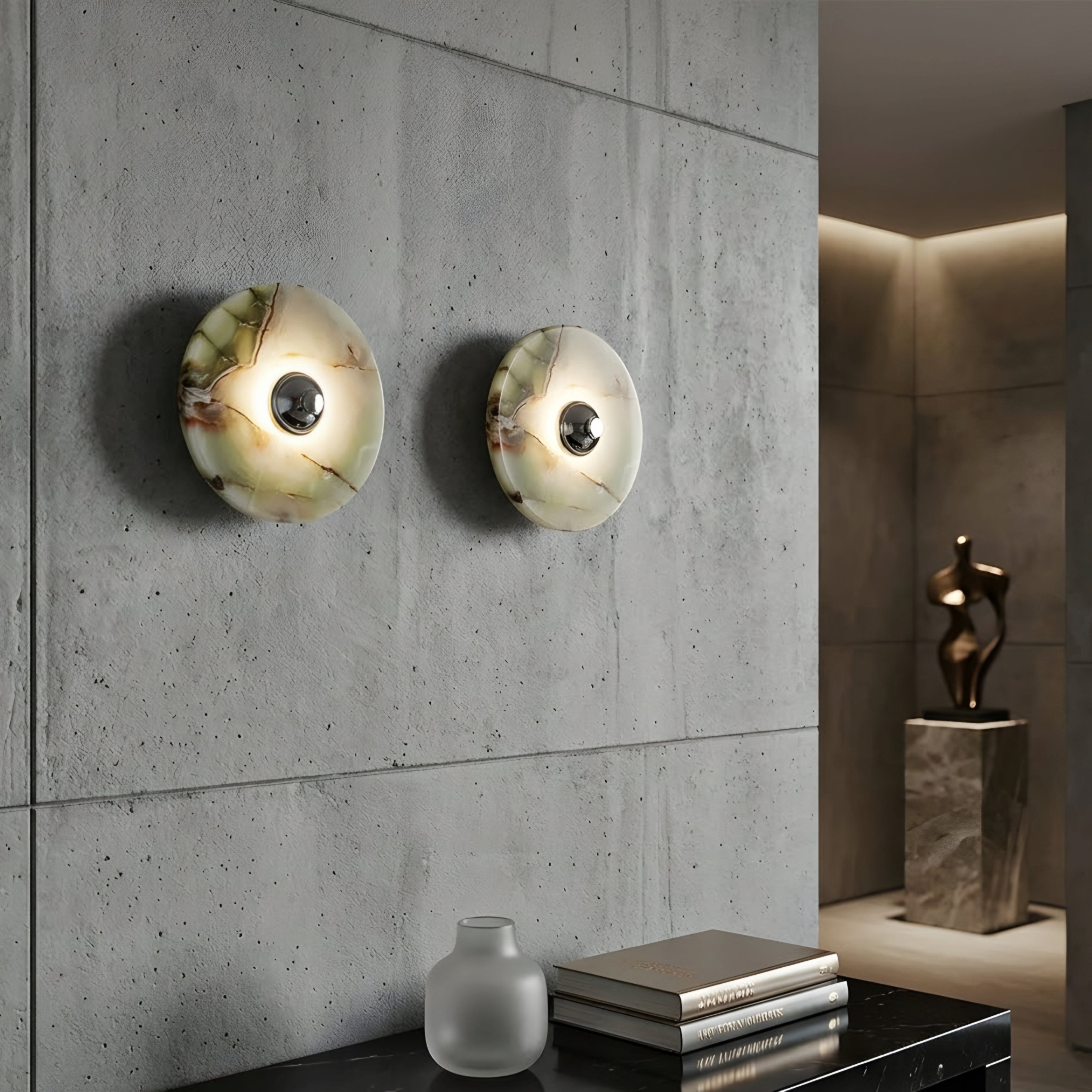 Veritas Onyx Wall Sconce – Green Marble Stone Decorative Lighting Chrome Accent Modern Bedroom Living Room