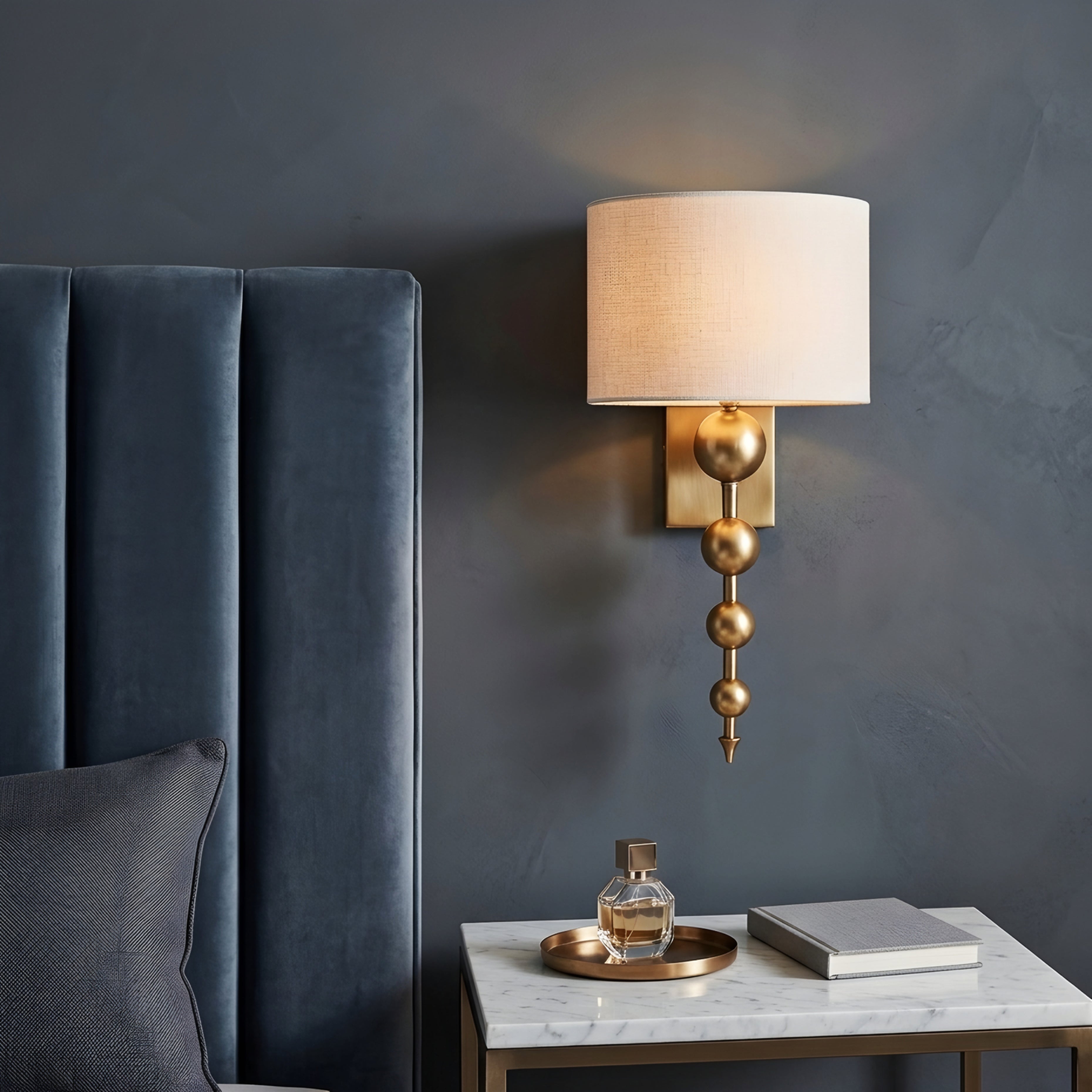 Spheris Orb Wall Sconce – Brass Gold Wall Sconce Bedroom Living Room Decorative Lighting Fabric Shade