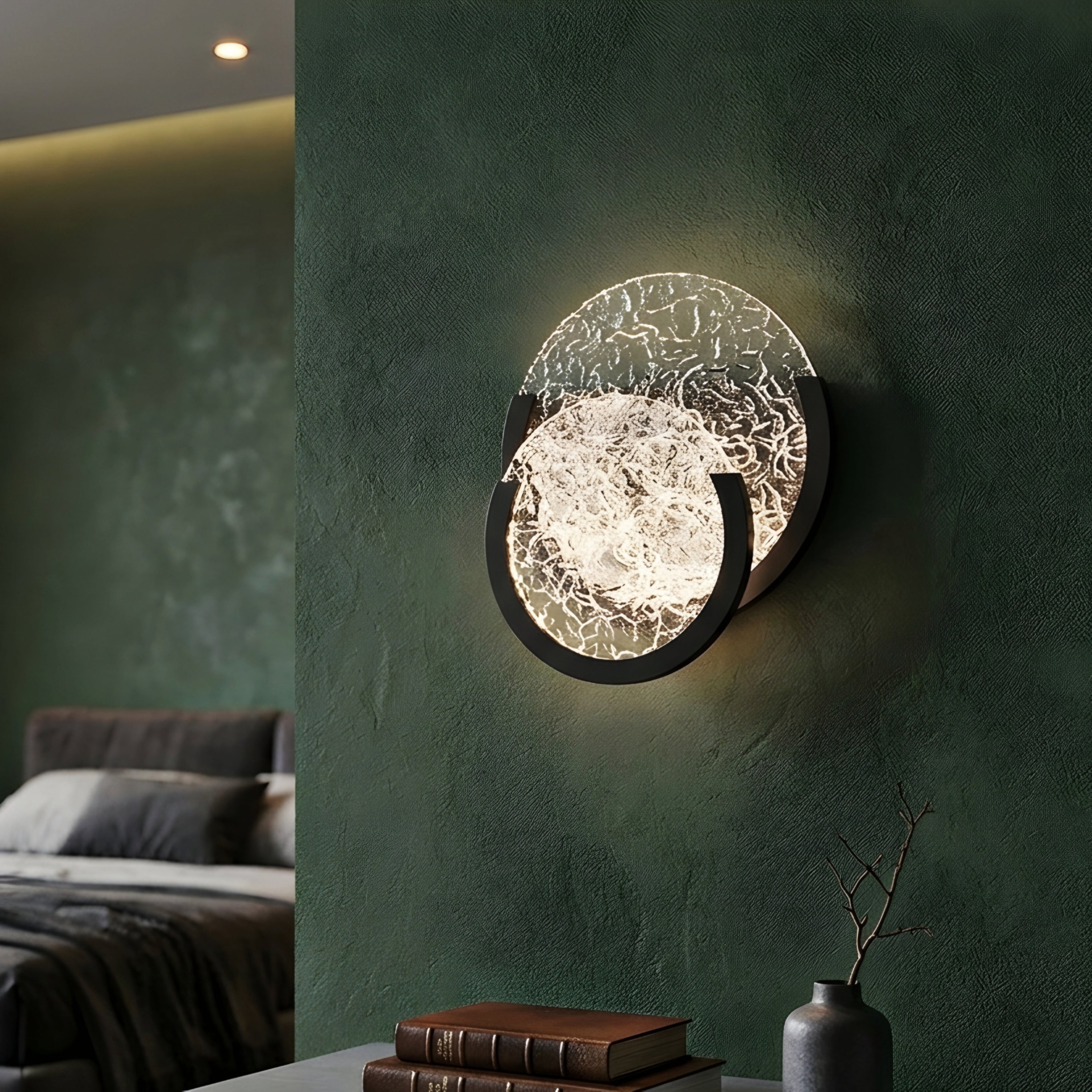Cravell Moon Wall Sconce – LED Crackle Glass Modern Decorative Bedroom Living Room Lighting Fixture