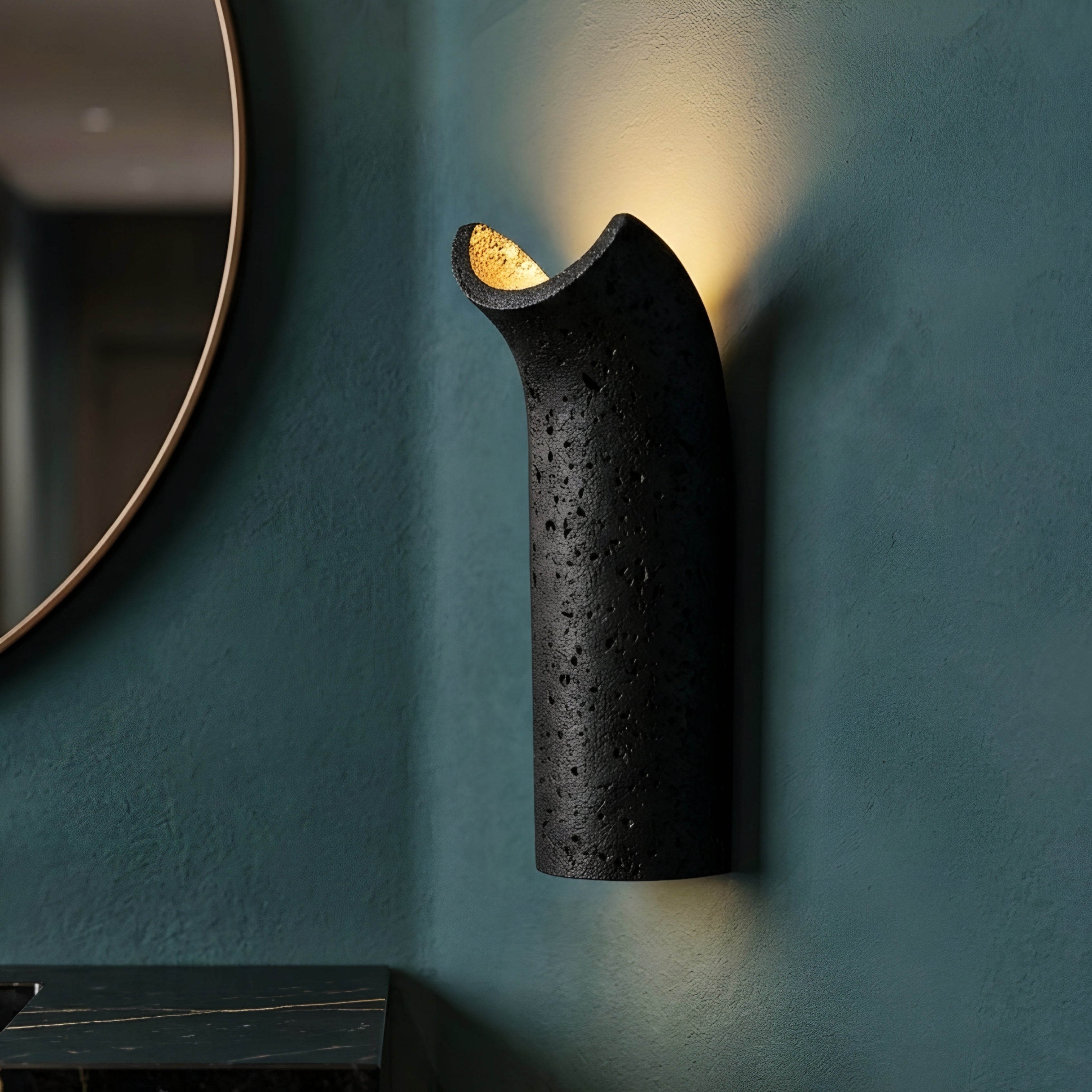 Volcara Curve Wall Sconce – LED Modern Black Textured Stone Living Room Bedroom Decorative Lighting