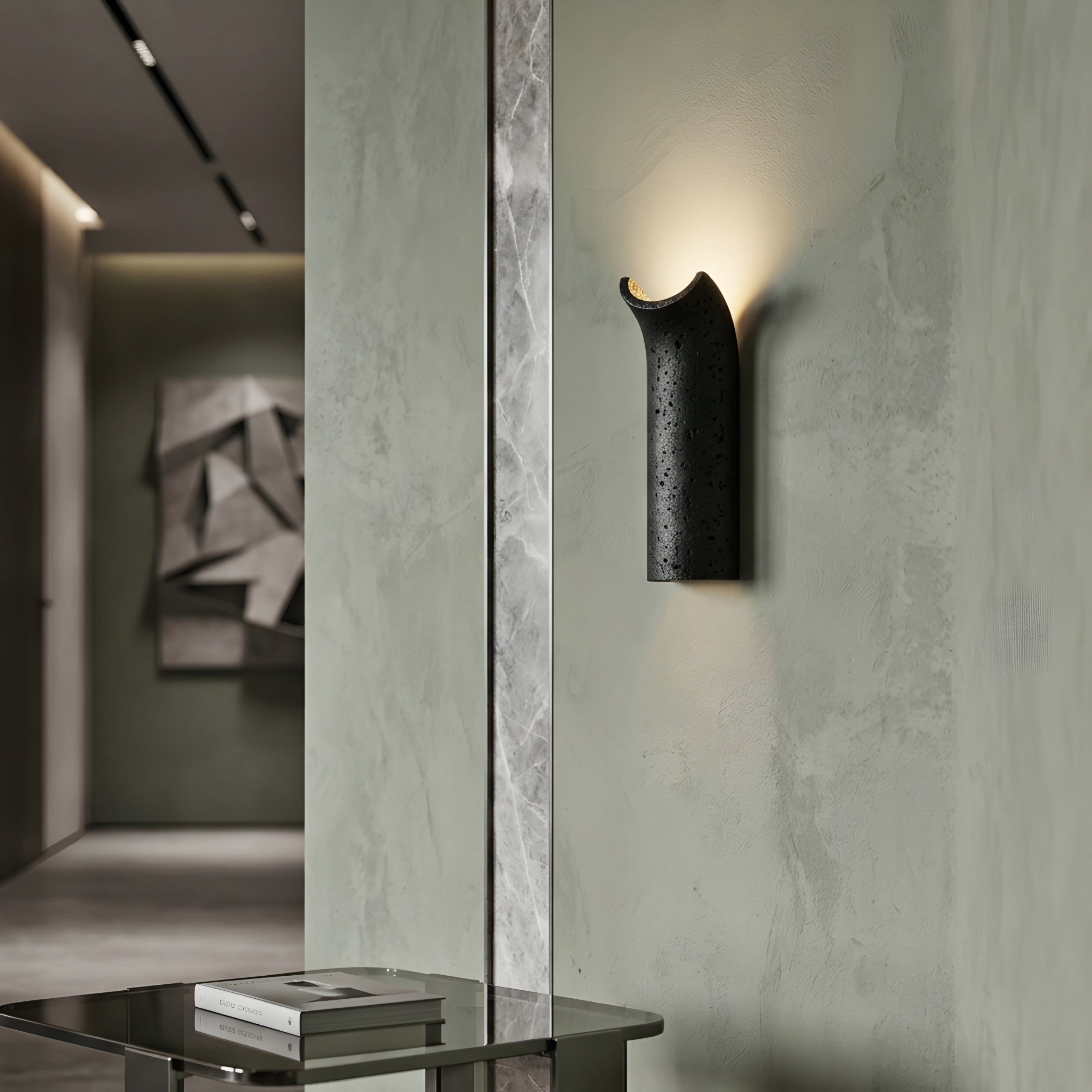 Volcara Curve Wall Sconce – LED Modern Black Textured Stone Living Room Bedroom Decorative Lighting