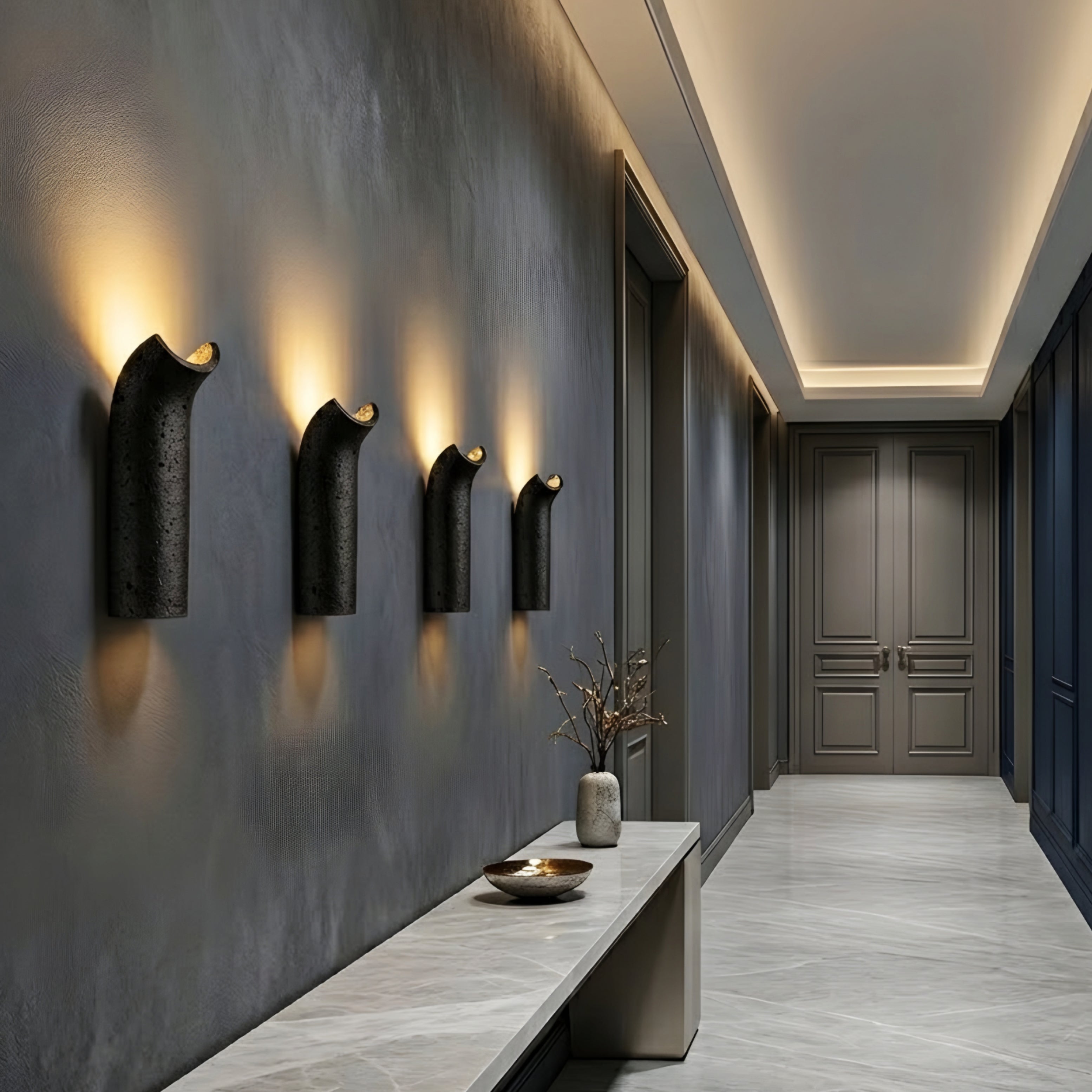 Volcara Curve Wall Sconce – LED Modern Black Textured Stone Living Room Bedroom Decorative Lighting