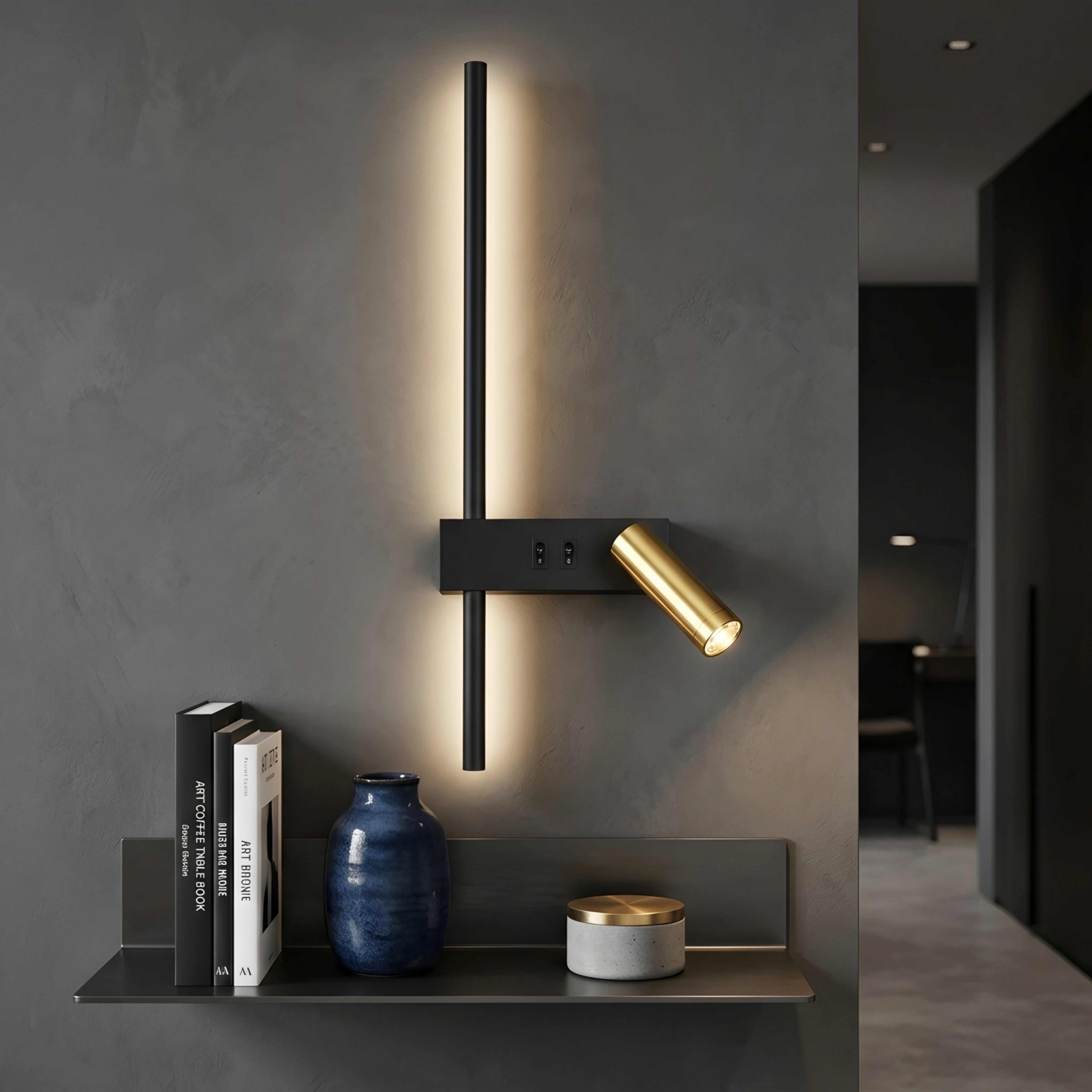 Kallisto Dual Wall Sconce – Modern Black Gold LED Reading Light Bedroom Bedside USB Charging
