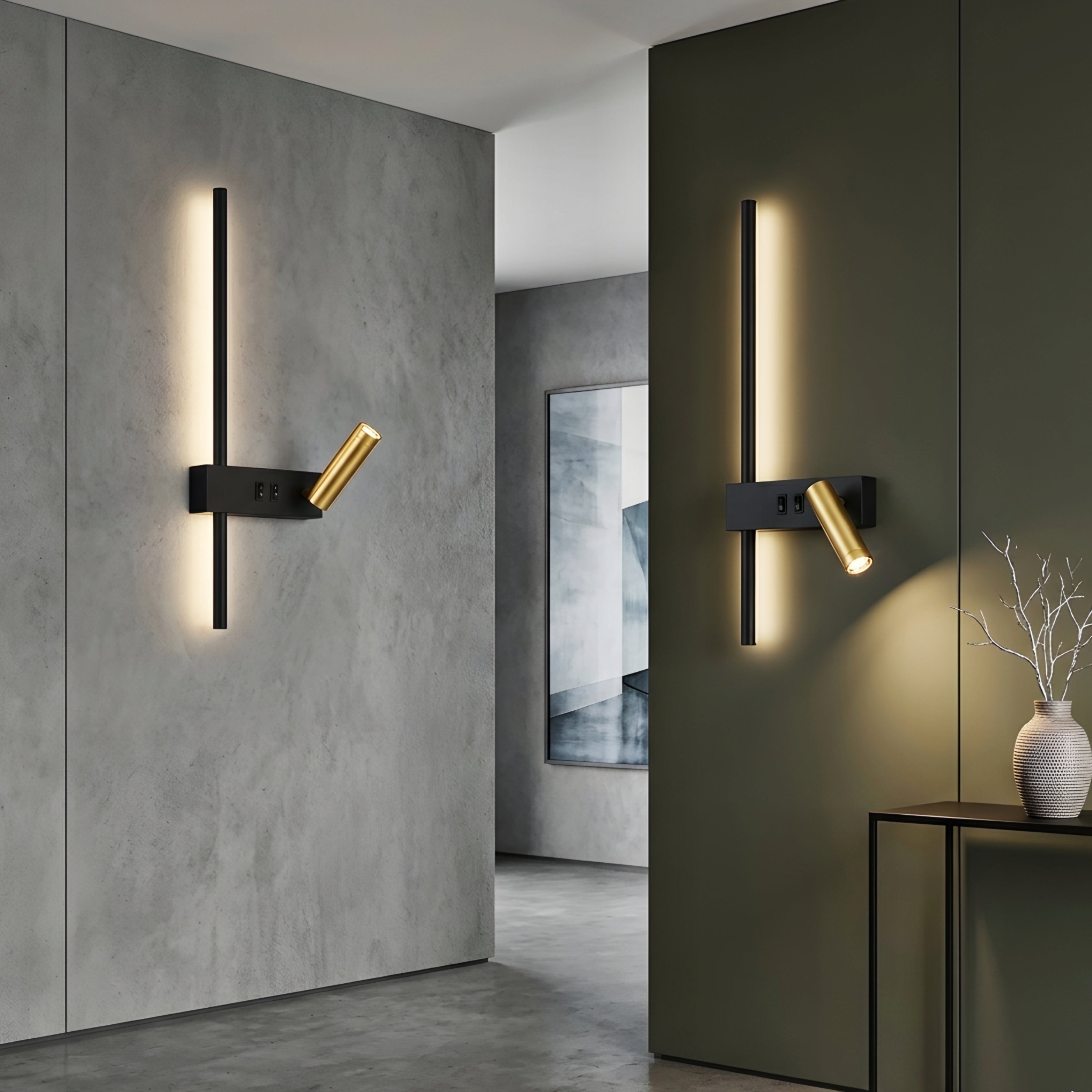Kallisto Dual Wall Sconce – Modern Black Gold LED Reading Light Bedroom Bedside USB Charging