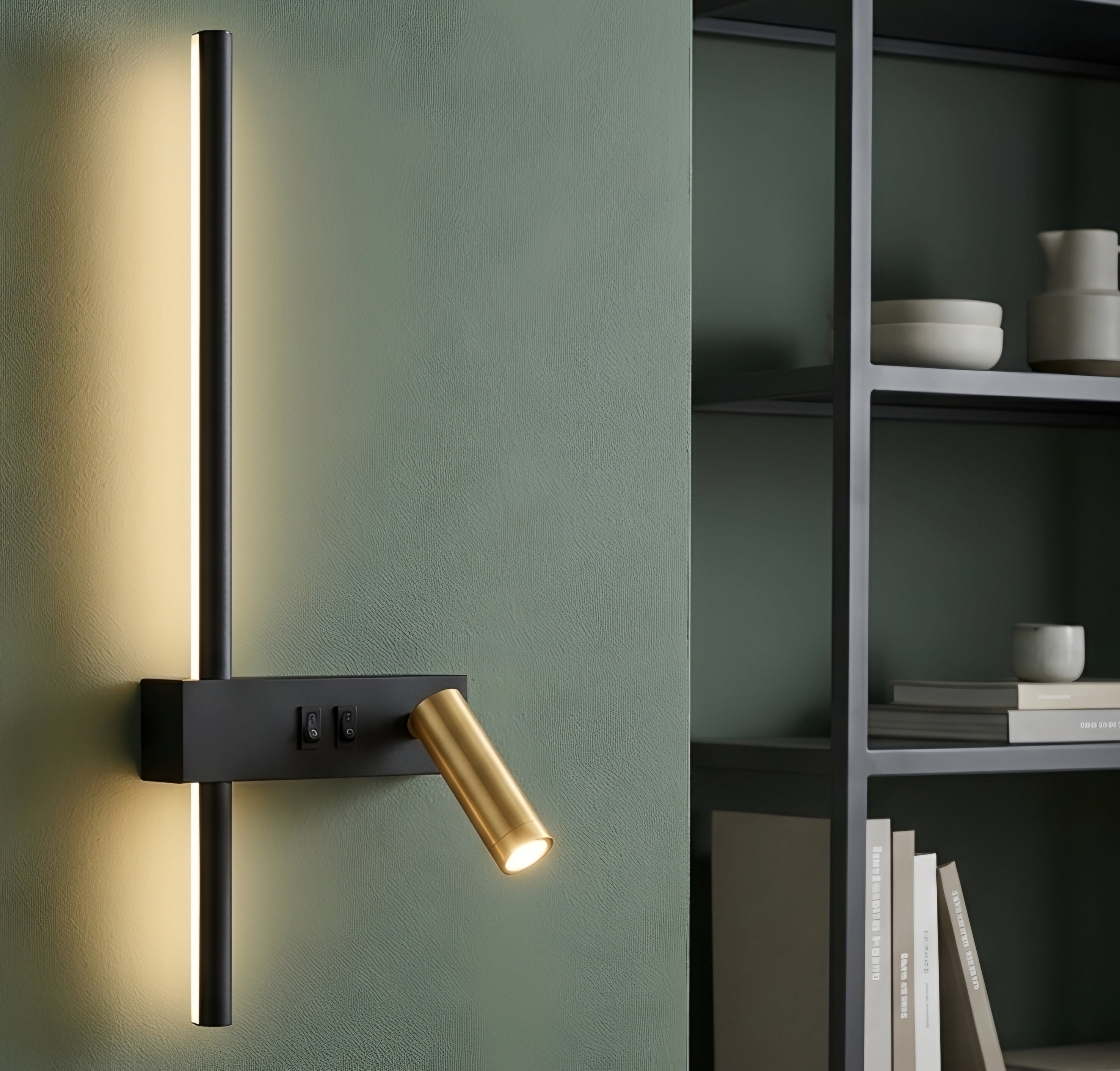 Kallisto Dual Wall Sconce – Modern Black Gold LED Reading Light Bedroom Bedside USB Charging