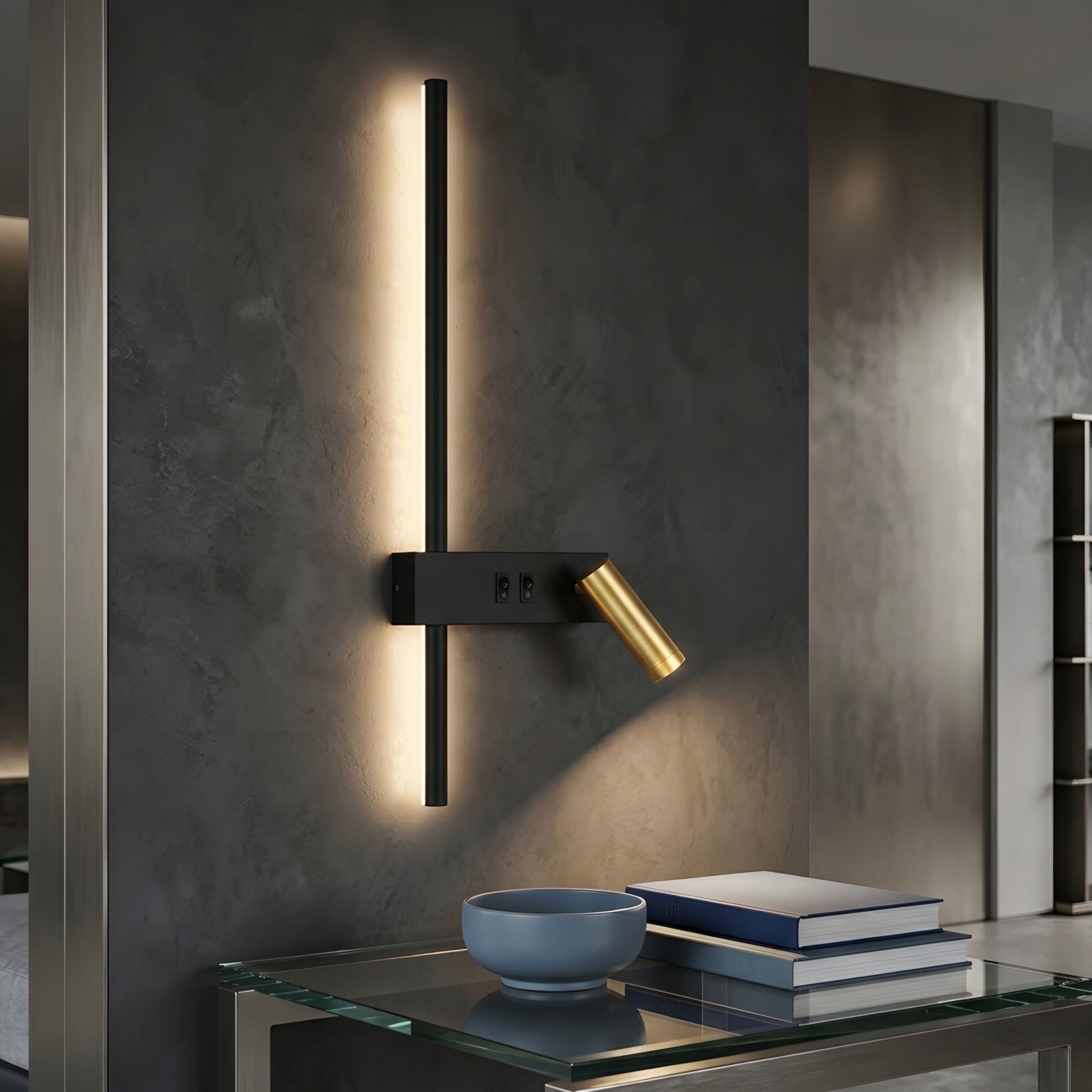Kallisto Dual Wall Sconce – Modern Black Gold LED Reading Light Bedroom Bedside USB Charging