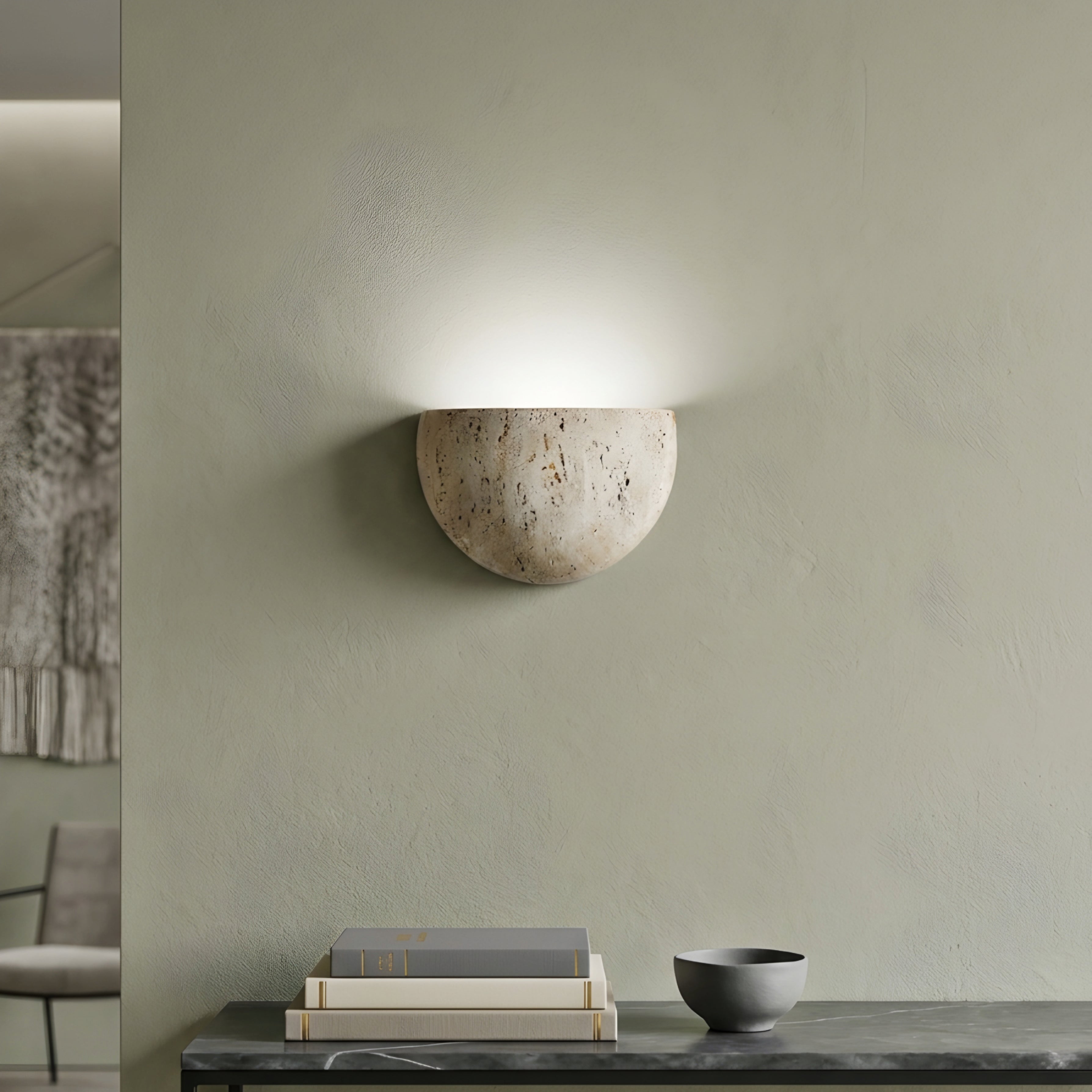 Tivara Bowl Wall Sconce – Travertine Stone Minimalist Modern Decorative Lighting Living Room Bedroom