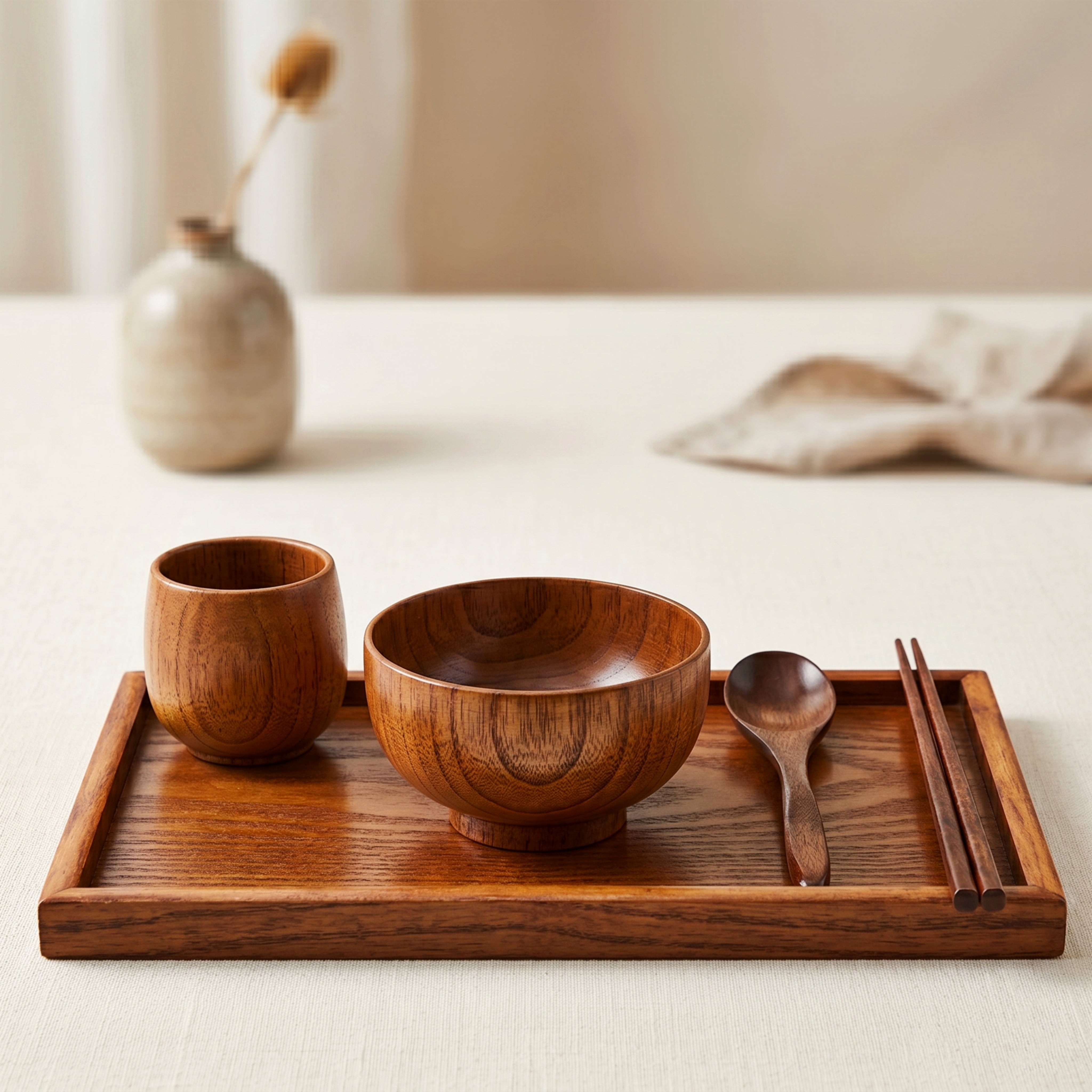 Kenzai Wooden Dinnerware Set – Handcrafted Natural Wood Bowl Spoon Chopsticks Japanese Tableware Set