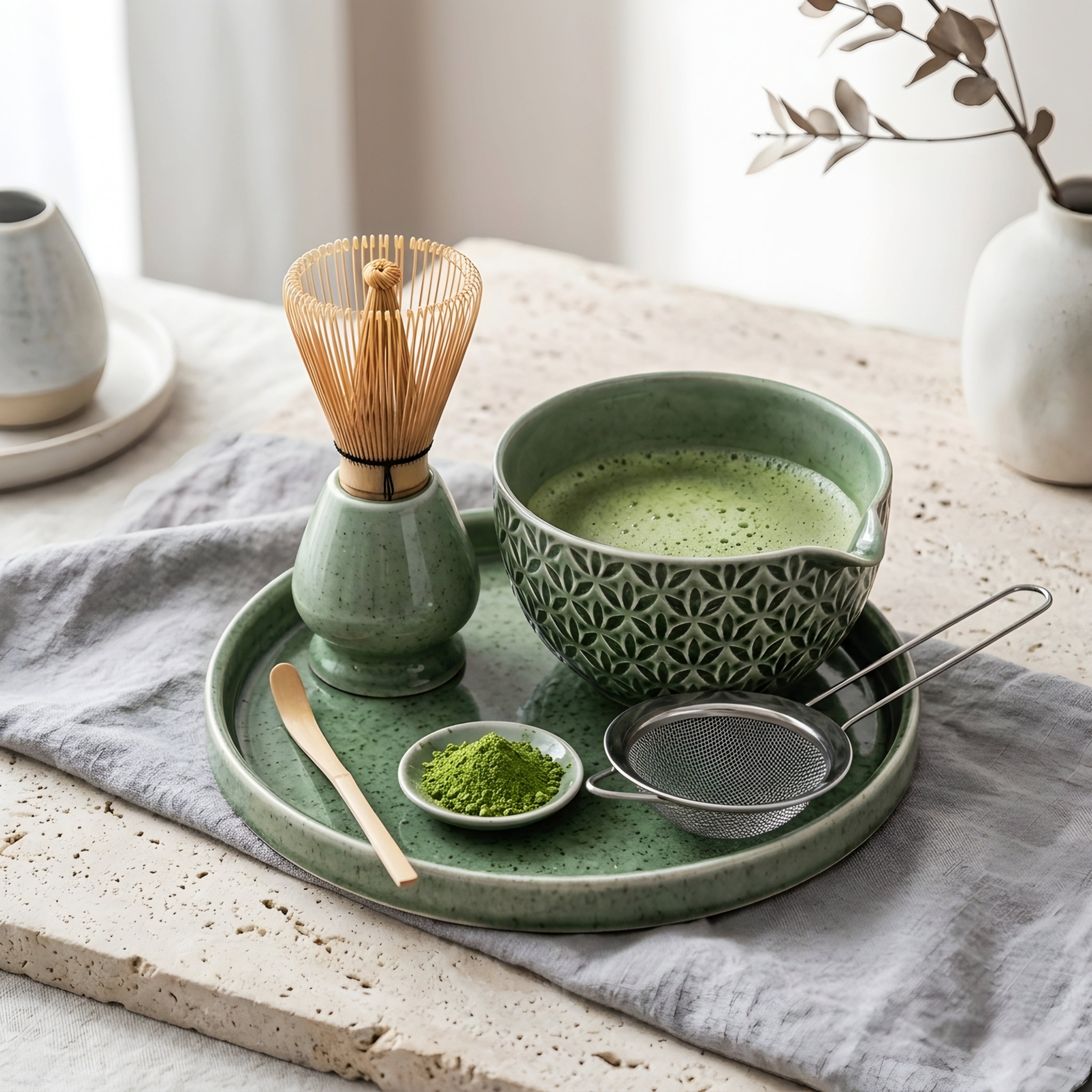 Celadyn Matcha Tea Set – Japanese Ceramic Bowl Bamboo Whisk Strainer Tray Green Geometric Pattern