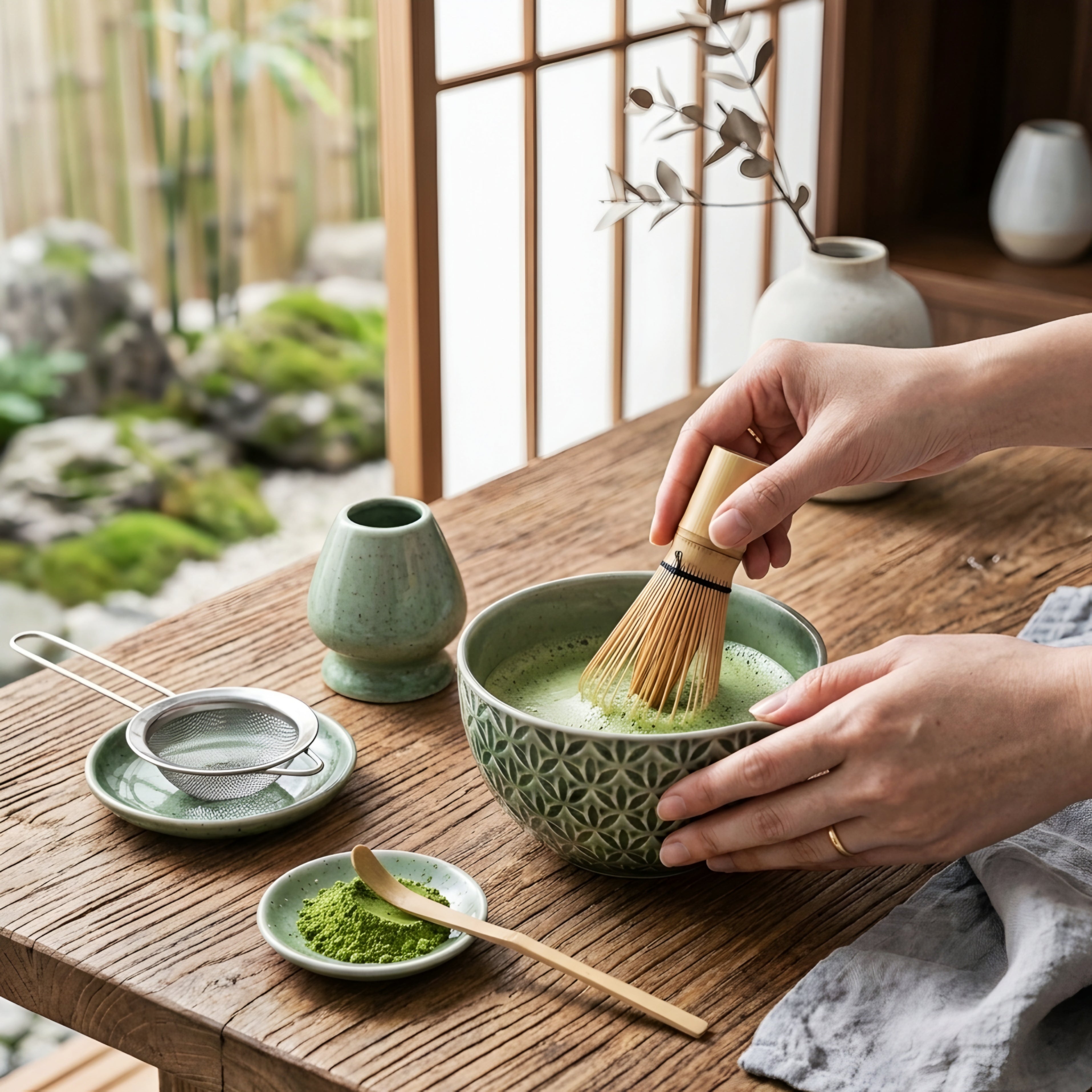 Celadyn Matcha Tea Set – Japanese Ceramic Bowl Bamboo Whisk Strainer Tray Green Geometric Pattern