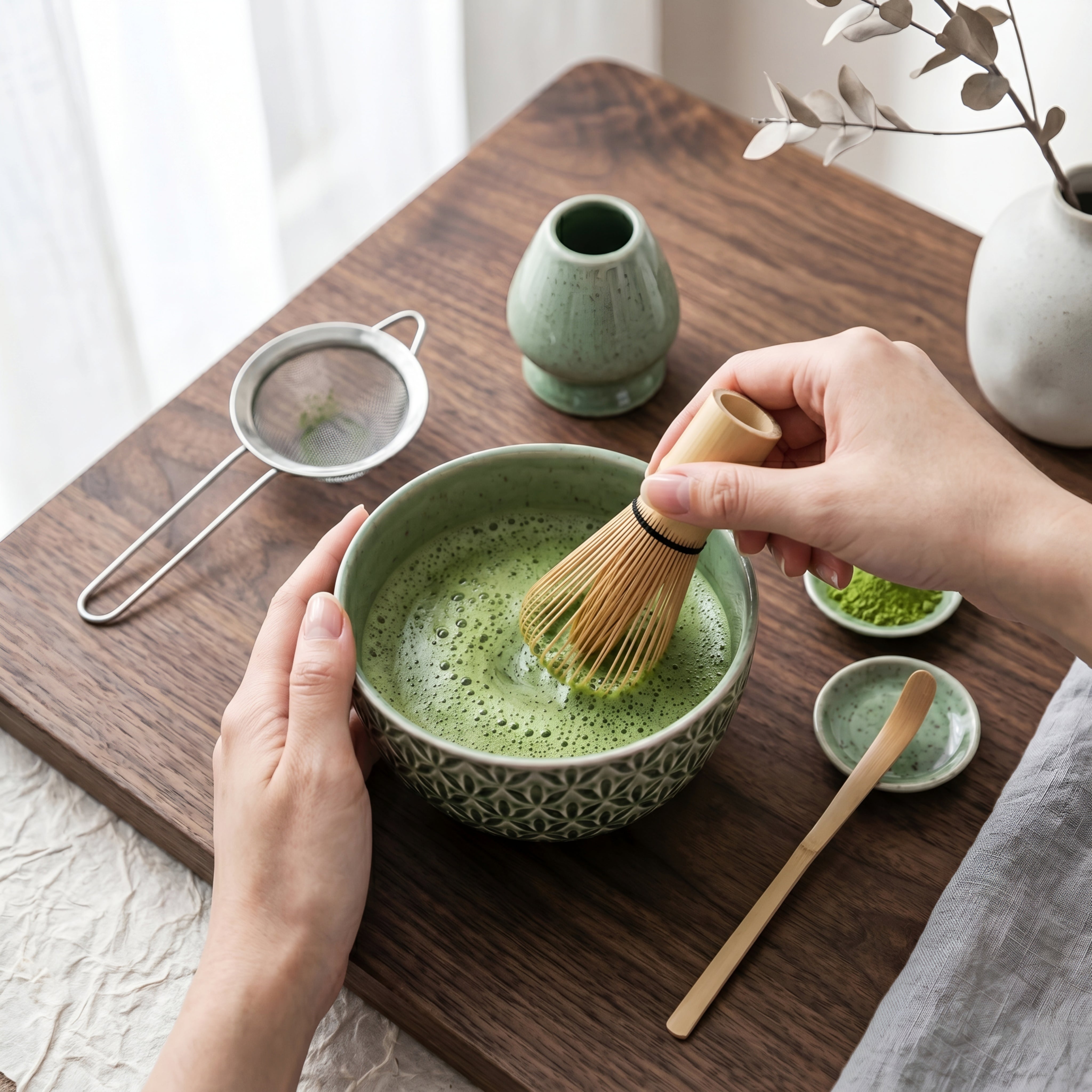 Celadyn Matcha Tea Set – Japanese Ceramic Bowl Bamboo Whisk Strainer Tray Green Geometric Pattern