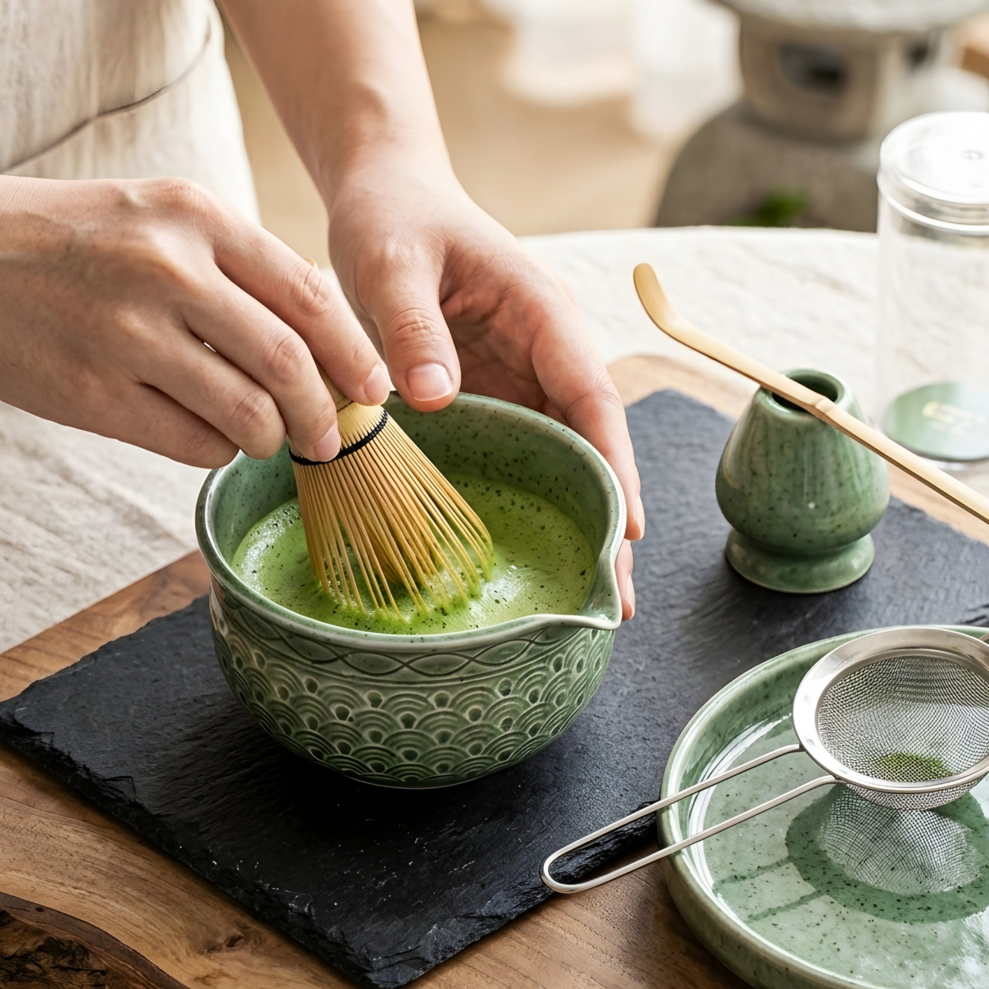 Celadyn Matcha Tea Set – Japanese Ceramic Bowl Bamboo Whisk Strainer Tray Green Geometric Pattern