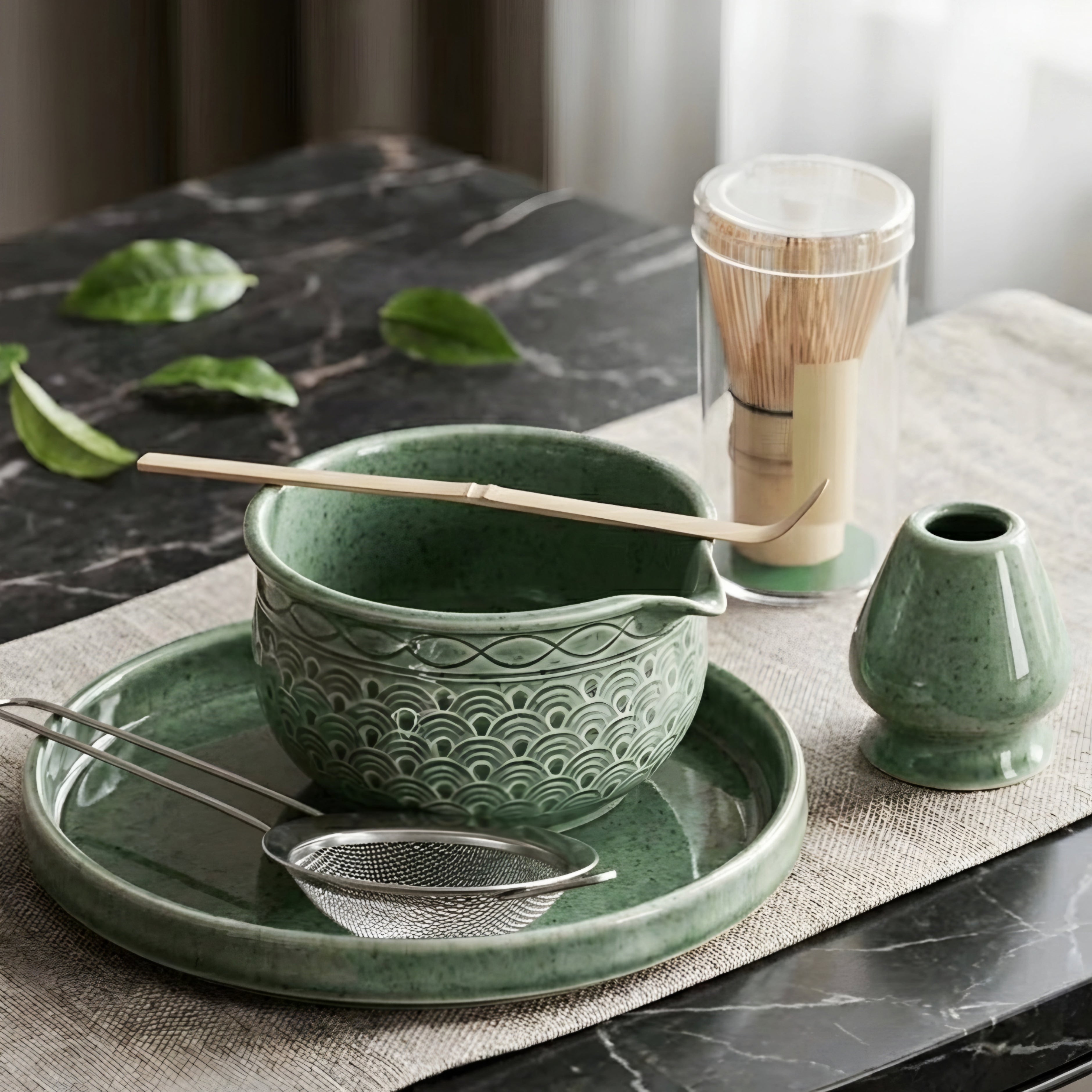 Celadyn Matcha Tea Set – Japanese Ceramic Bowl Bamboo Whisk Strainer Tray Green Geometric Pattern