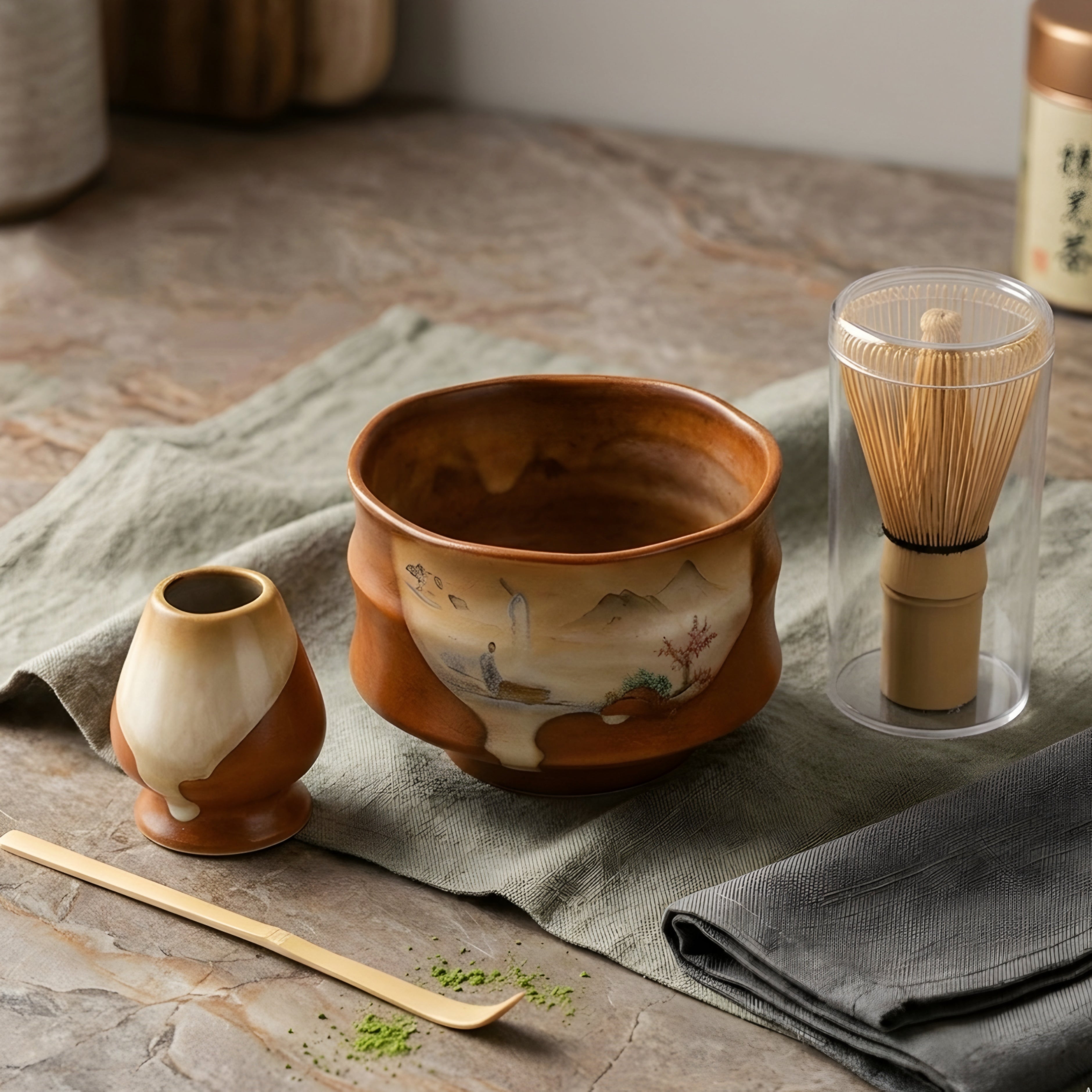 Kenshiro Matcha Tea Set – Traditional Japanese Bamboo Whisk Ceramic Bowl Scoop 4 Piece Ceremonial Kit