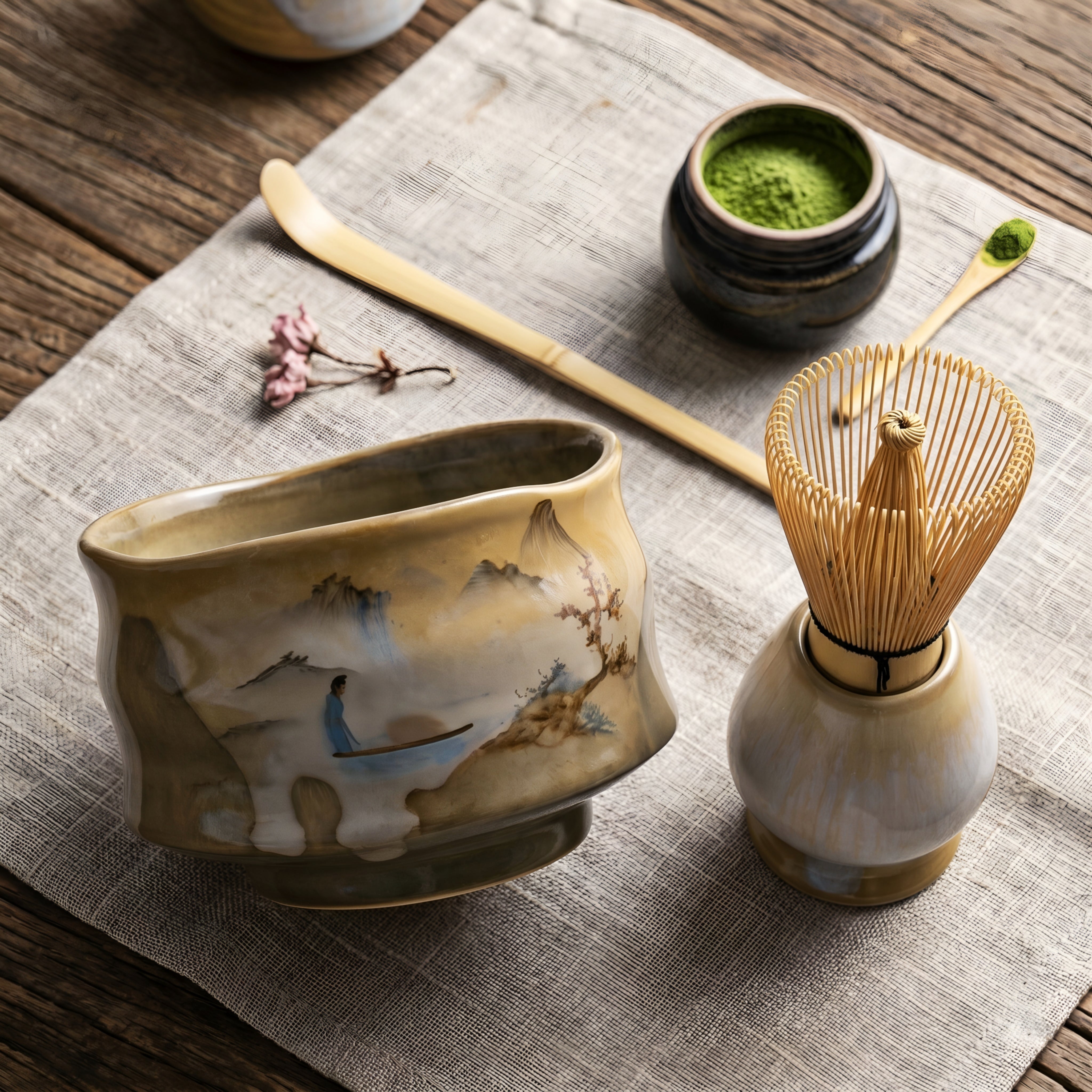 Kenshiro Matcha Tea Set – Traditional Japanese Bamboo Whisk Ceramic Bowl Scoop 4 Piece Ceremonial Kit