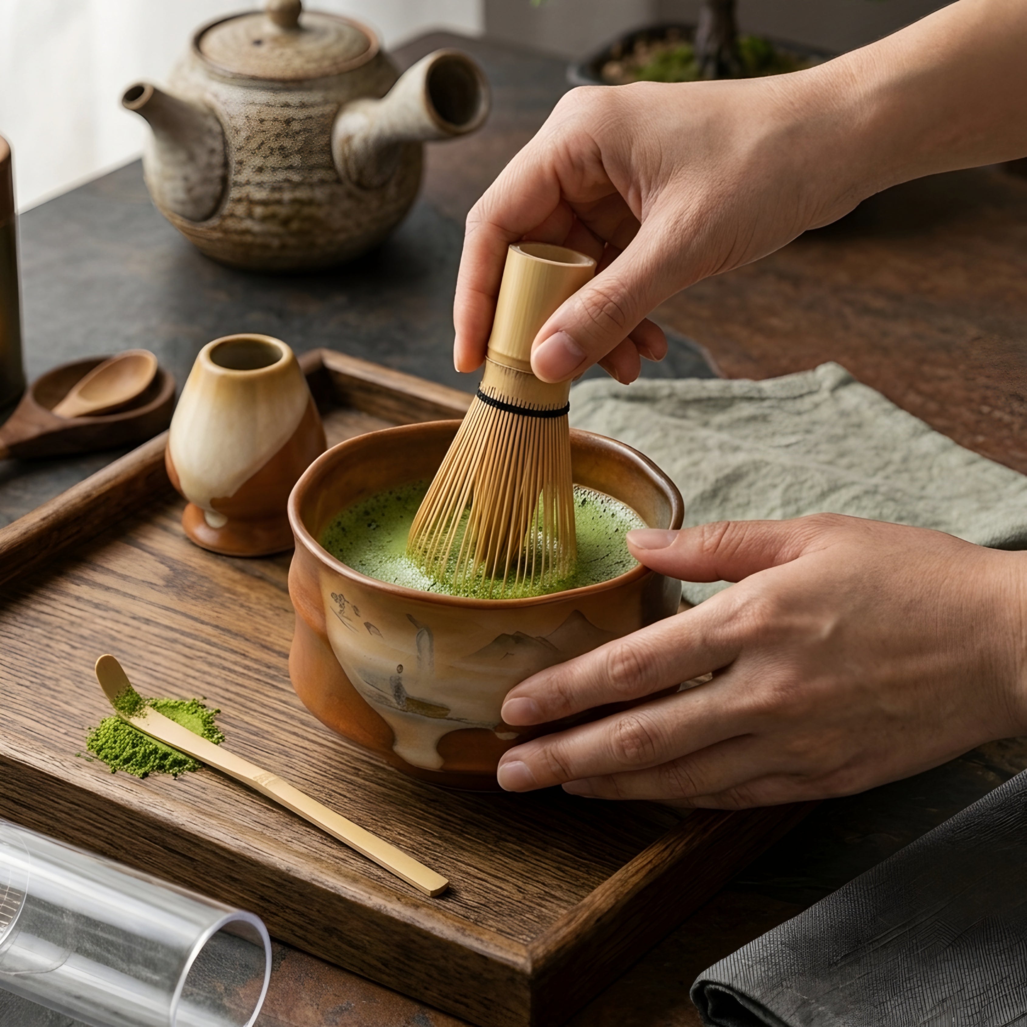 Kenshiro Matcha Tea Set – Traditional Japanese Bamboo Whisk Ceramic Bowl Scoop 4 Piece Ceremonial Kit