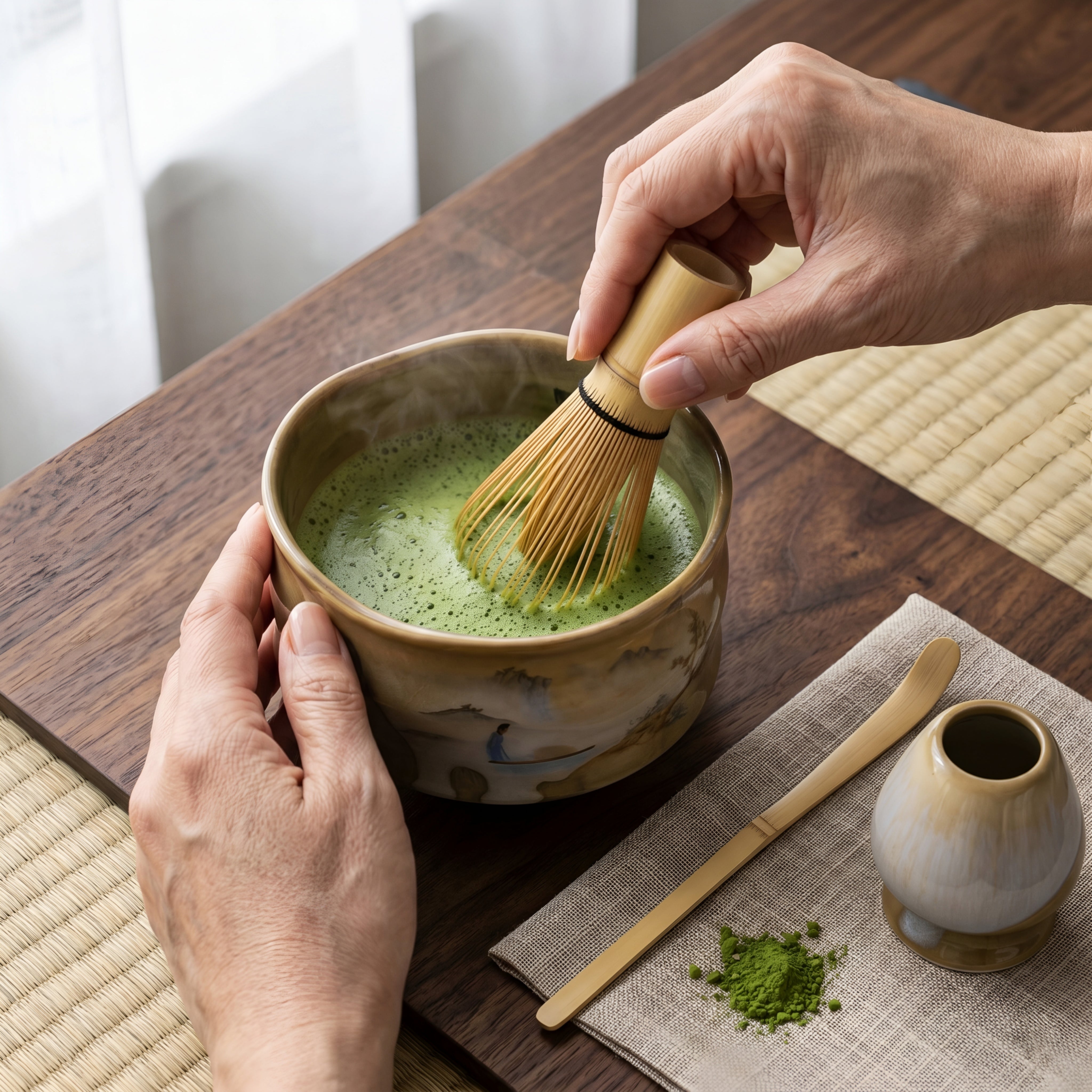 Kenshiro Matcha Tea Set – Traditional Japanese Bamboo Whisk Ceramic Bowl Scoop 4 Piece Ceremonial Kit