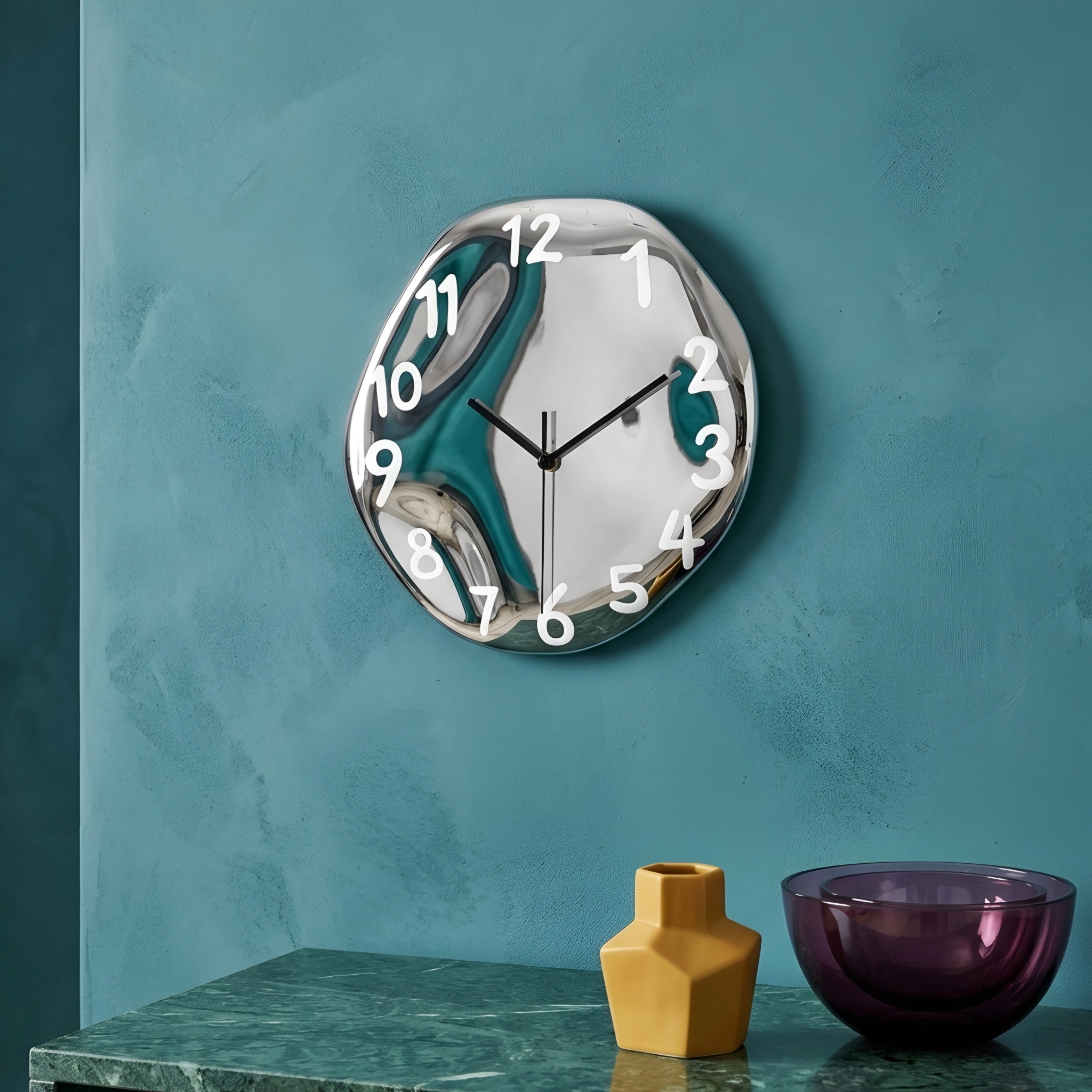 Fluxen Wave Wall Clock – Modern Decorative Chrome Ceramic Red Numerals Living Room Bedroom Kitchen