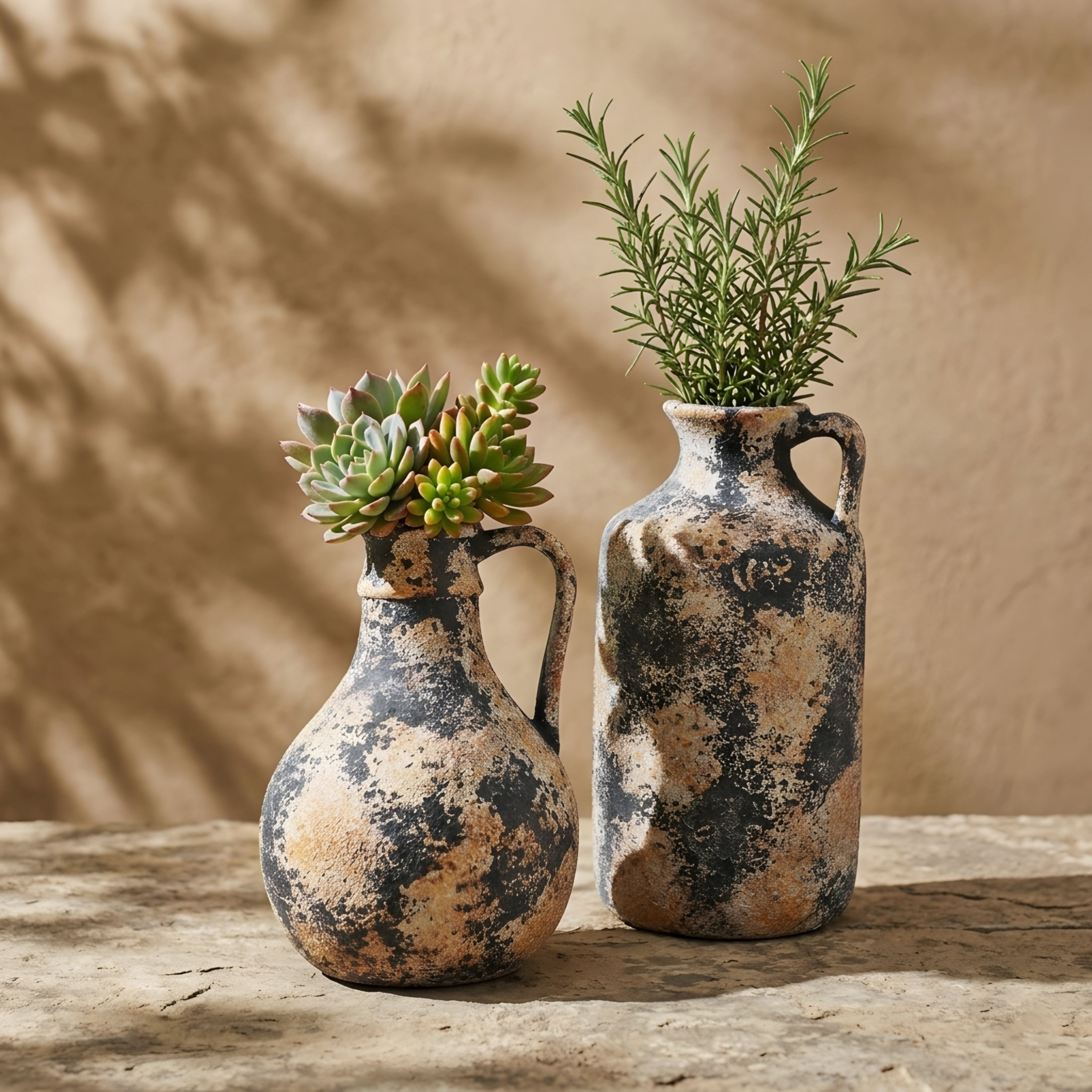 Terravox Ceramic Vase Set – Rustic Distressed Decorative Vase Handles Farmhouse Living Room Bedroom