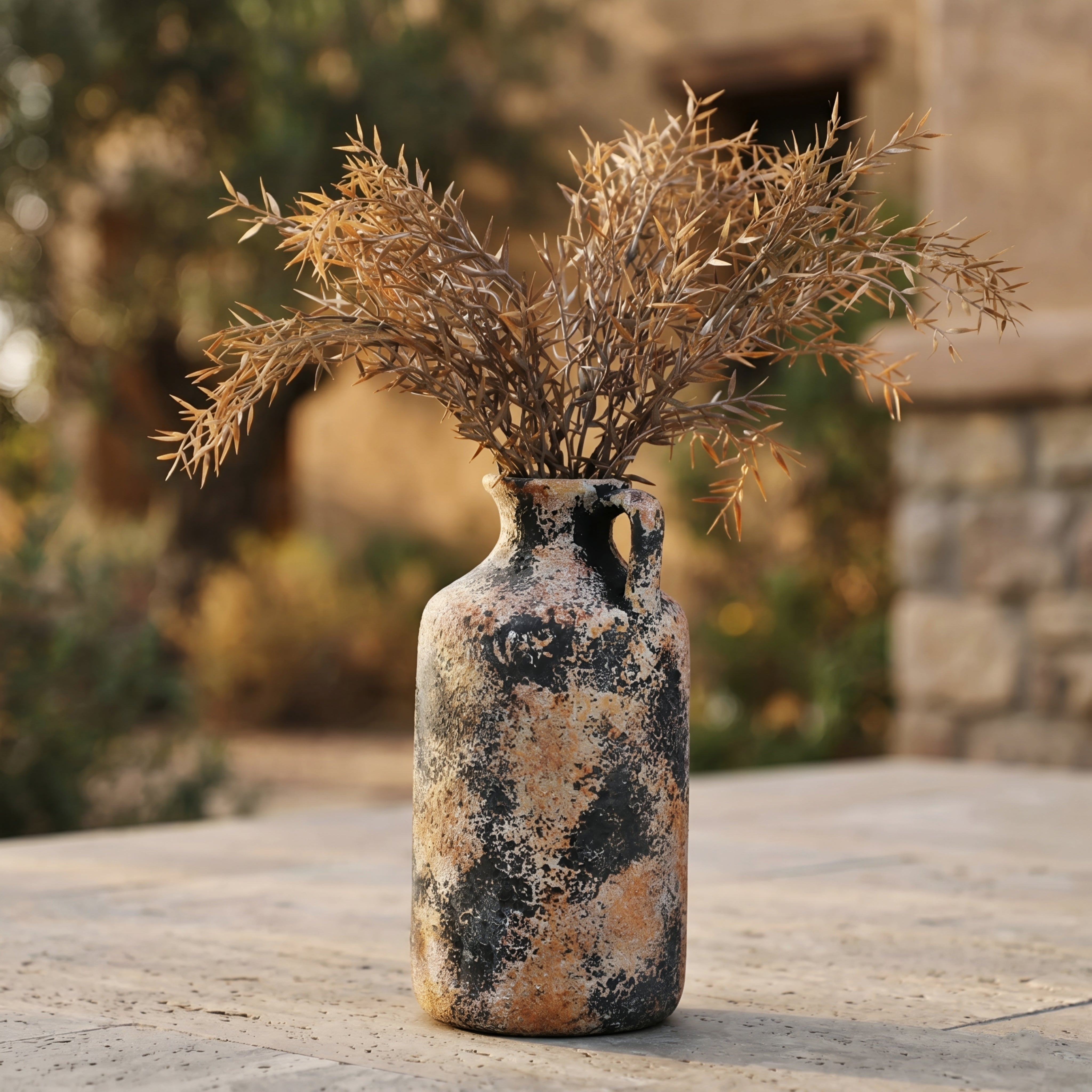Terravox Ceramic Vase Set – Rustic Distressed Decorative Vase Handles Farmhouse Living Room Bedroom