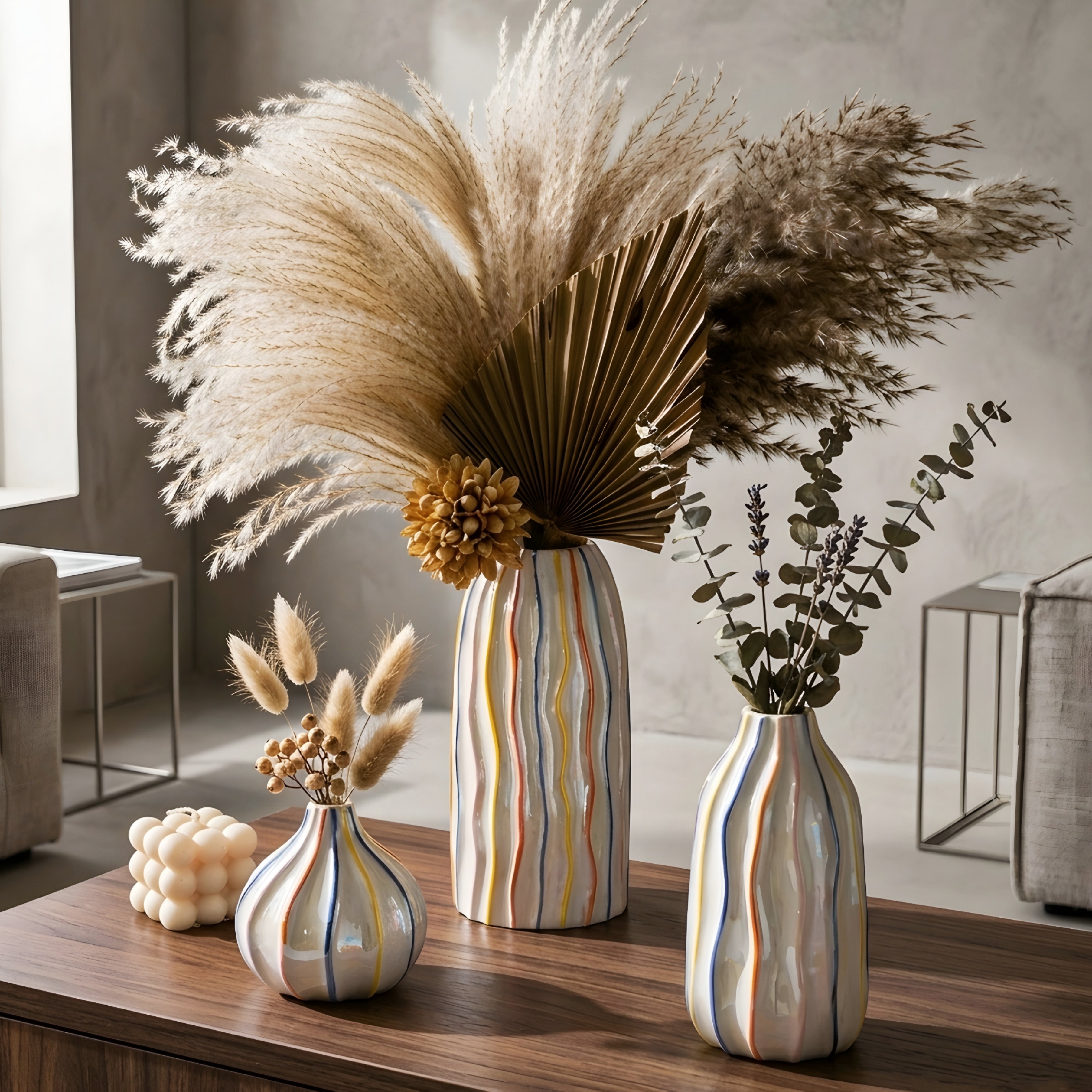 Rivoli Striped Ceramic Vase – Decorative Modern White Colorful Table Living Room Centerpiece Flower