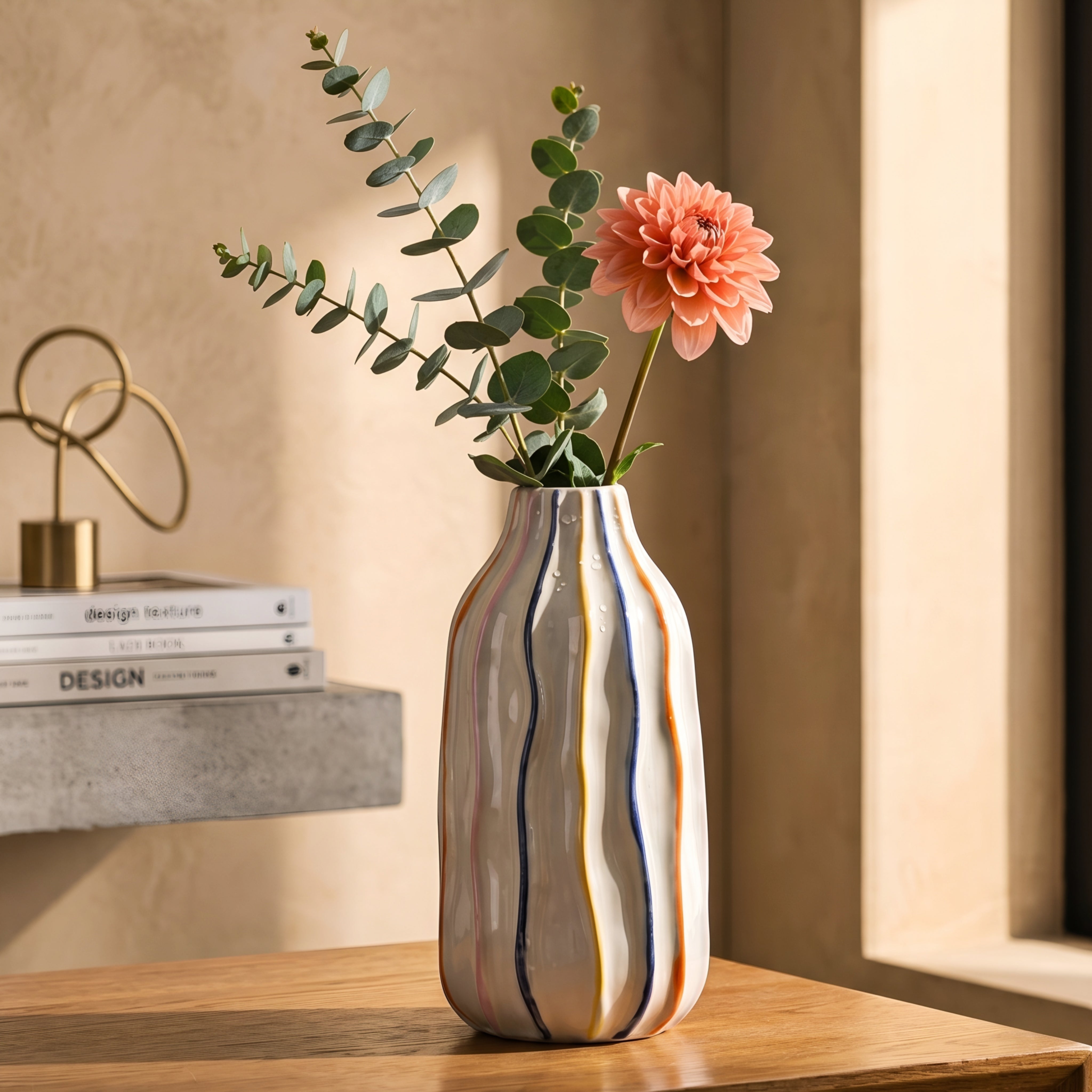 Rivoli Striped Ceramic Vase – Decorative Modern White Colorful Table Living Room Centerpiece Flower