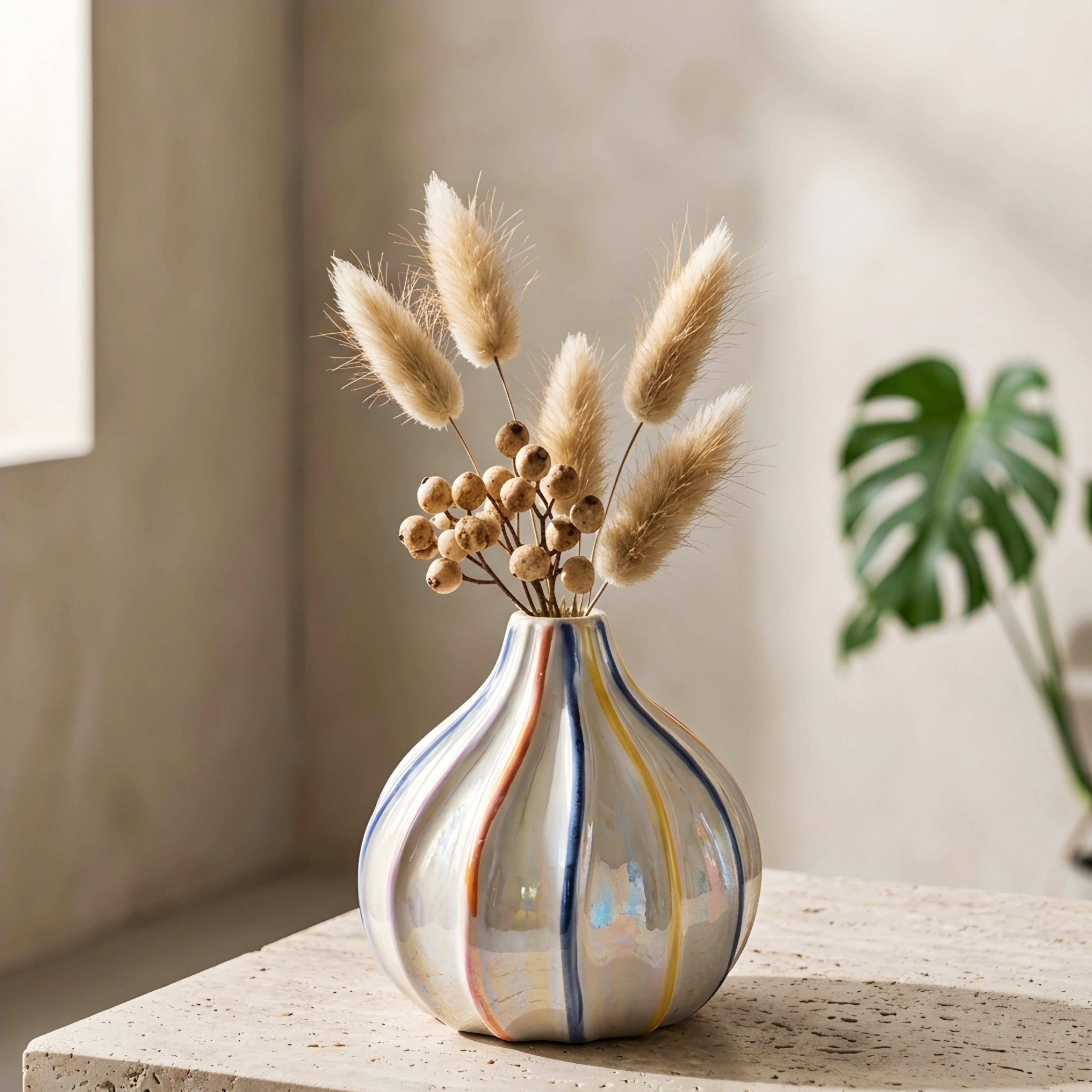 Rivoli Striped Ceramic Vase – Decorative Modern White Colorful Table Living Room Centerpiece Flower