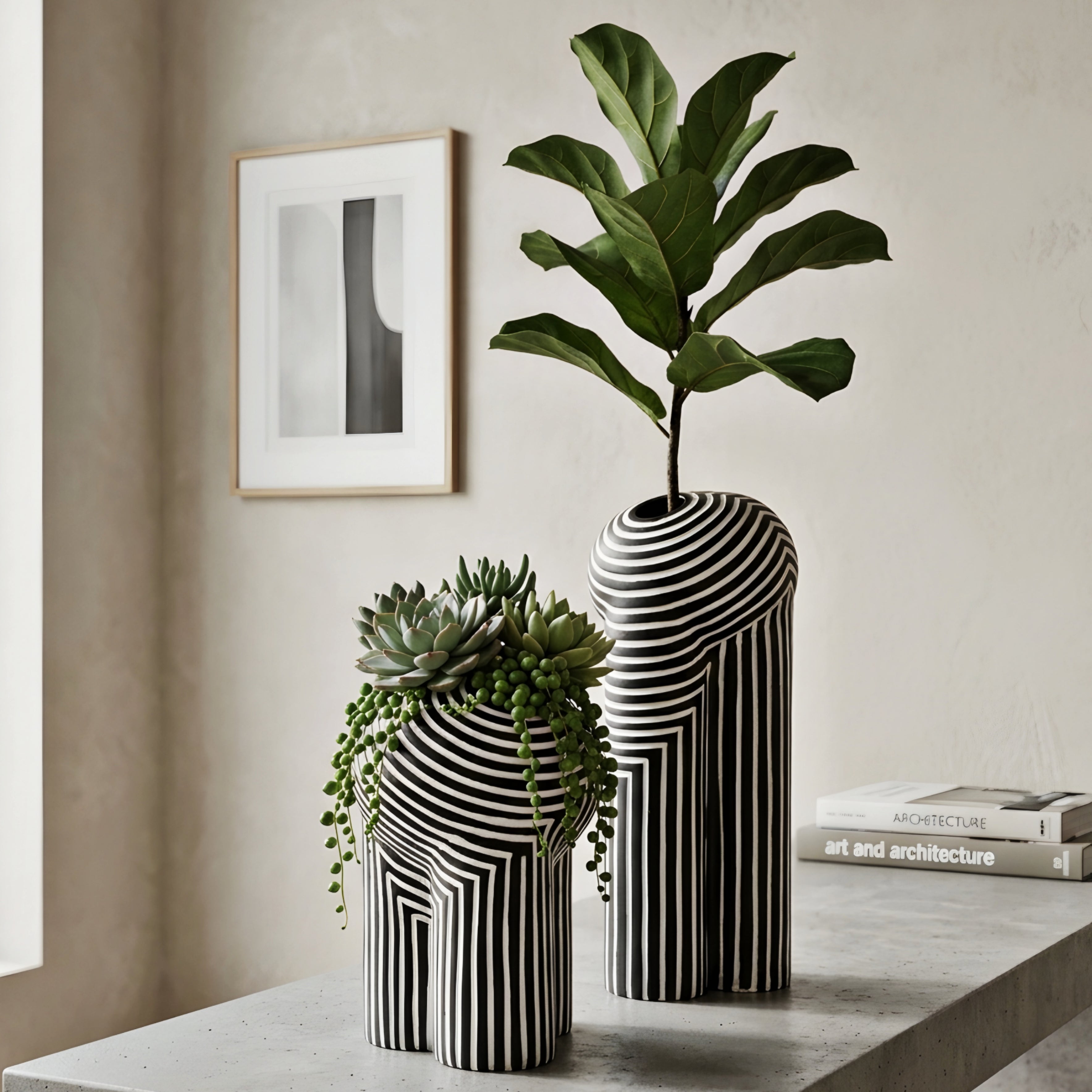Stratum Decor Vase Set – Black White Striped Ceramic Decorative Vases Living Room Table Bedroom