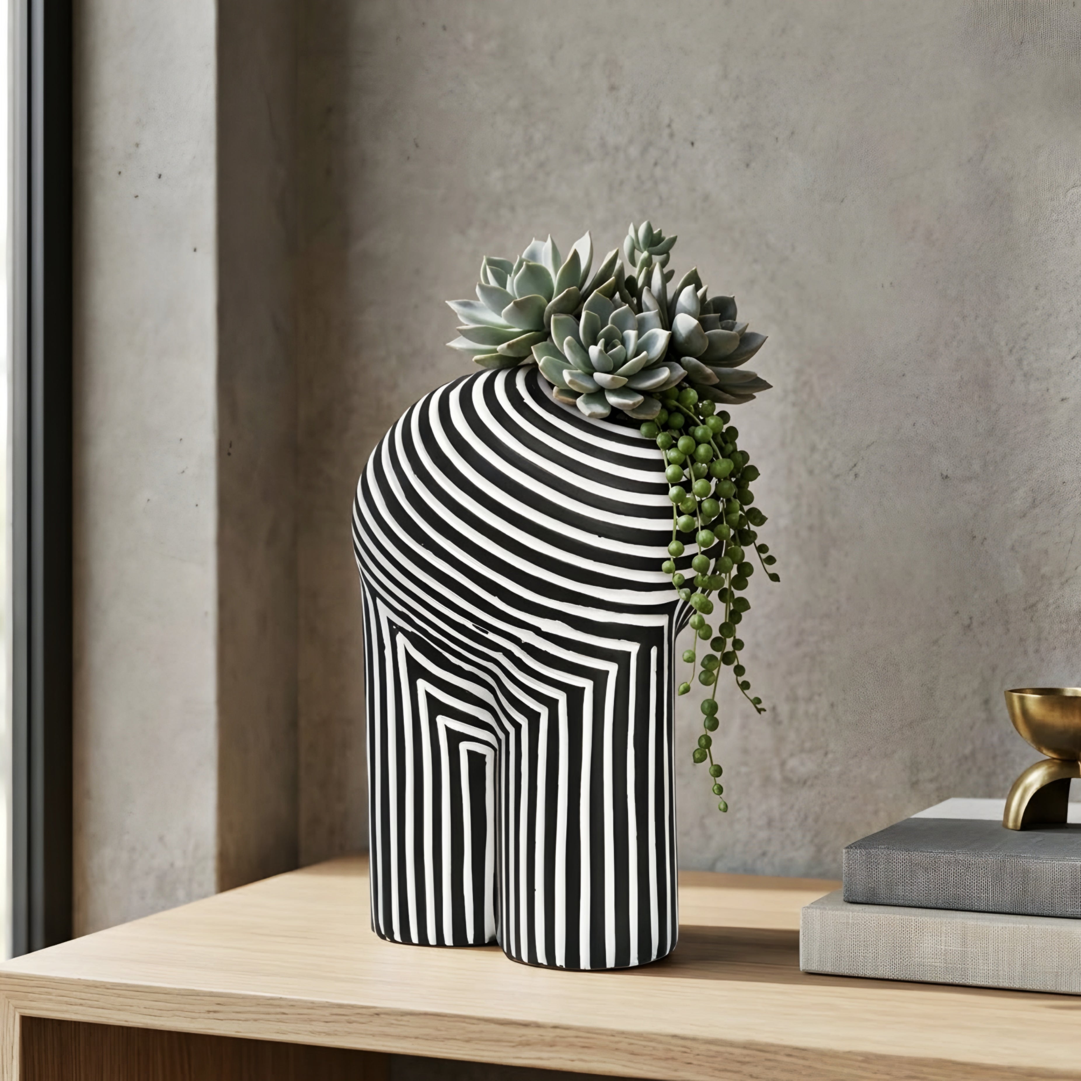 Stratum Decor Vase Set – Black White Striped Ceramic Decorative Vases Living Room Table Bedroom