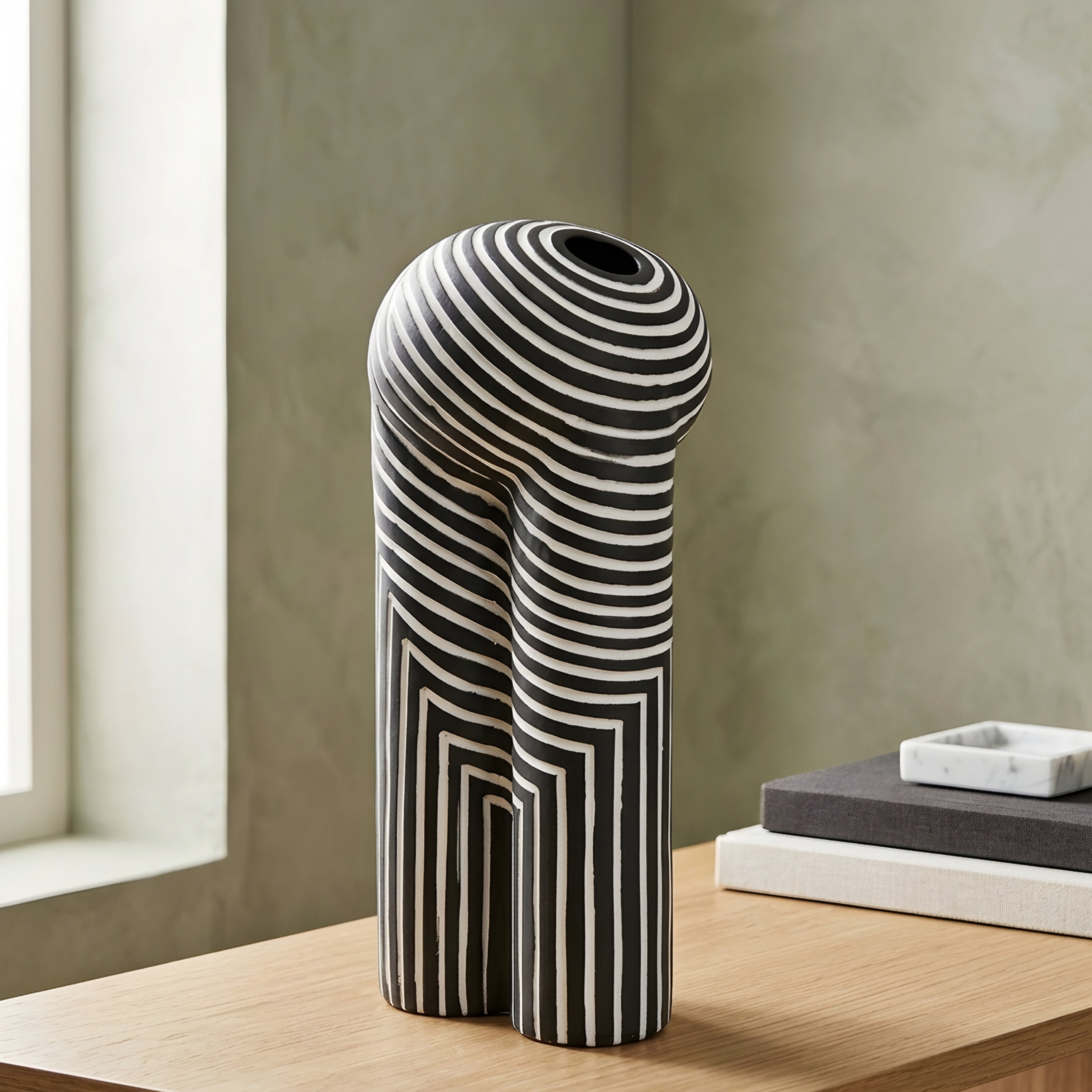 Stratum Decor Vase Set – Black White Striped Ceramic Decorative Vases Living Room Table Bedroom