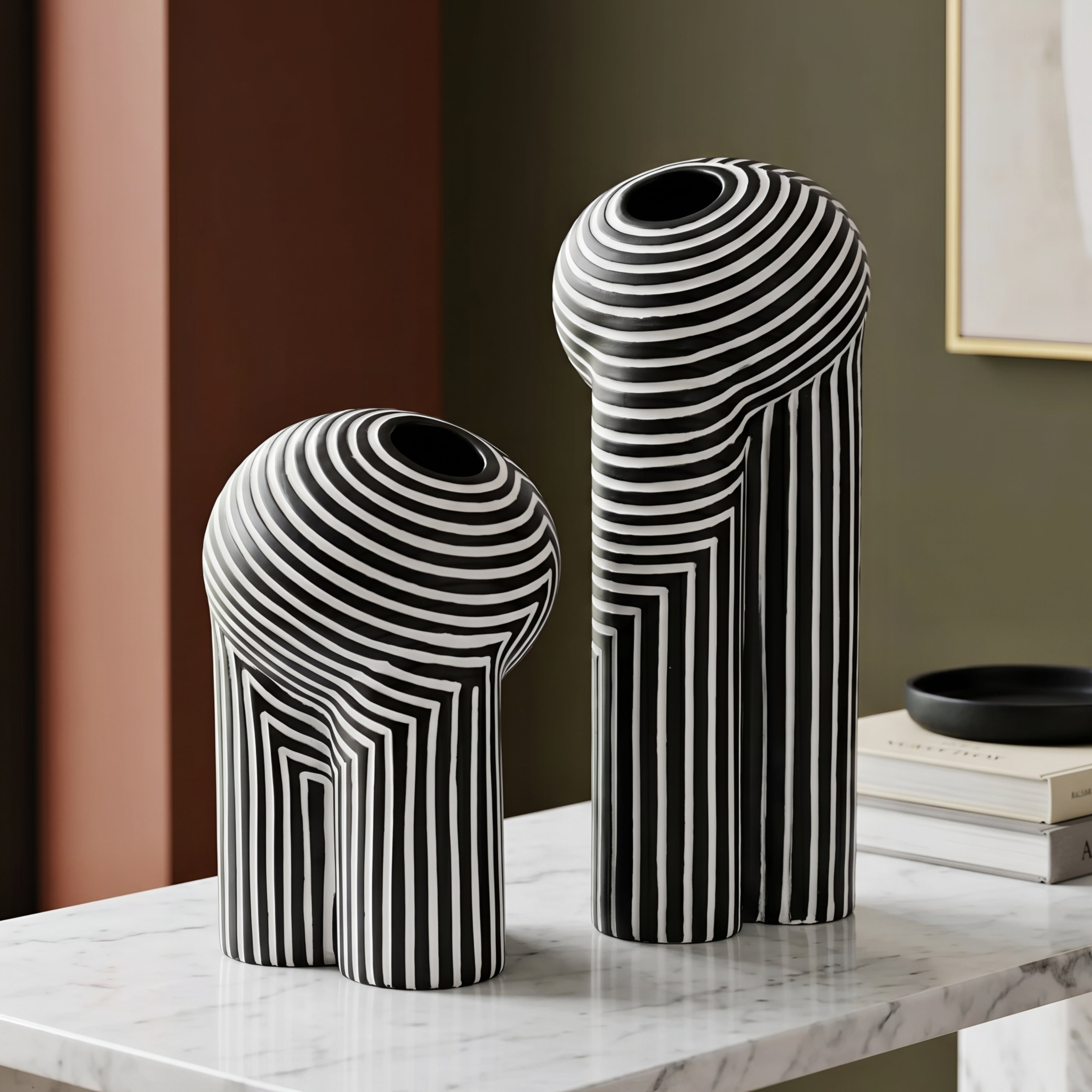 Stratum Decor Vase Set – Black White Striped Ceramic Decorative Vases Living Room Table Bedroom