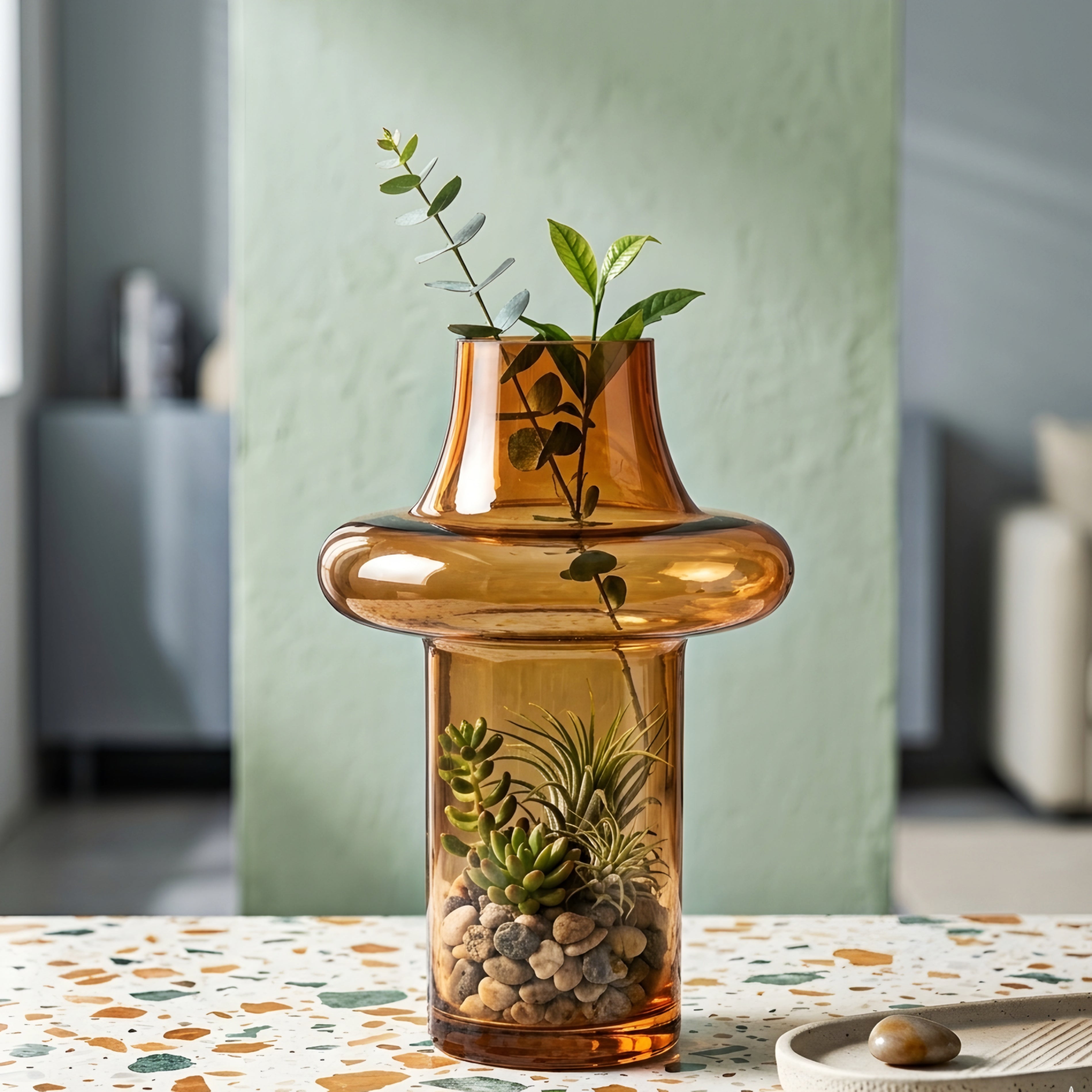 Solmara Glass Vase Set – Amber Decorative Centerpiece Modern Living Room Bedroom Table Decor