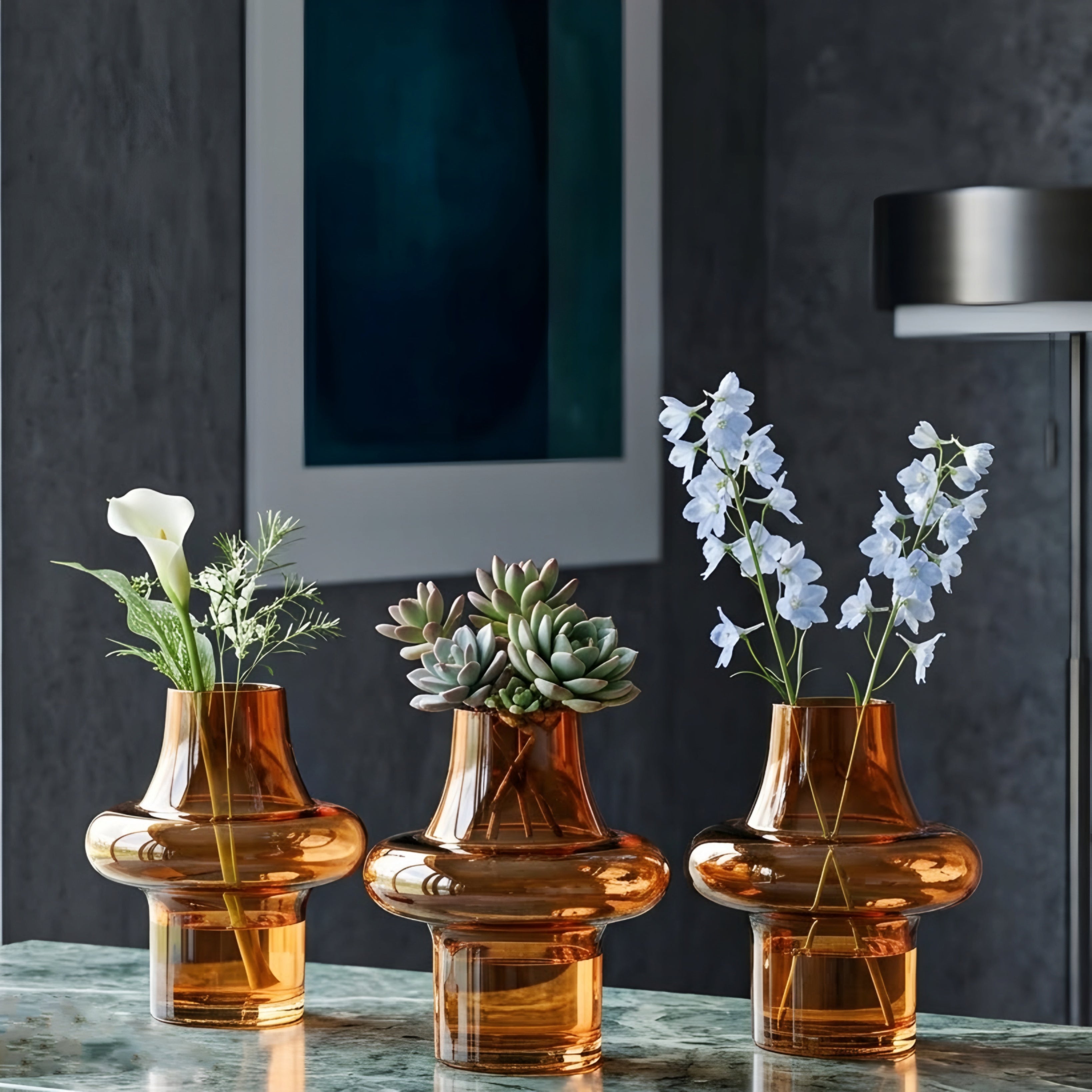 Solmara Glass Vase Set – Amber Decorative Centerpiece Modern Living Room Bedroom Table Decor