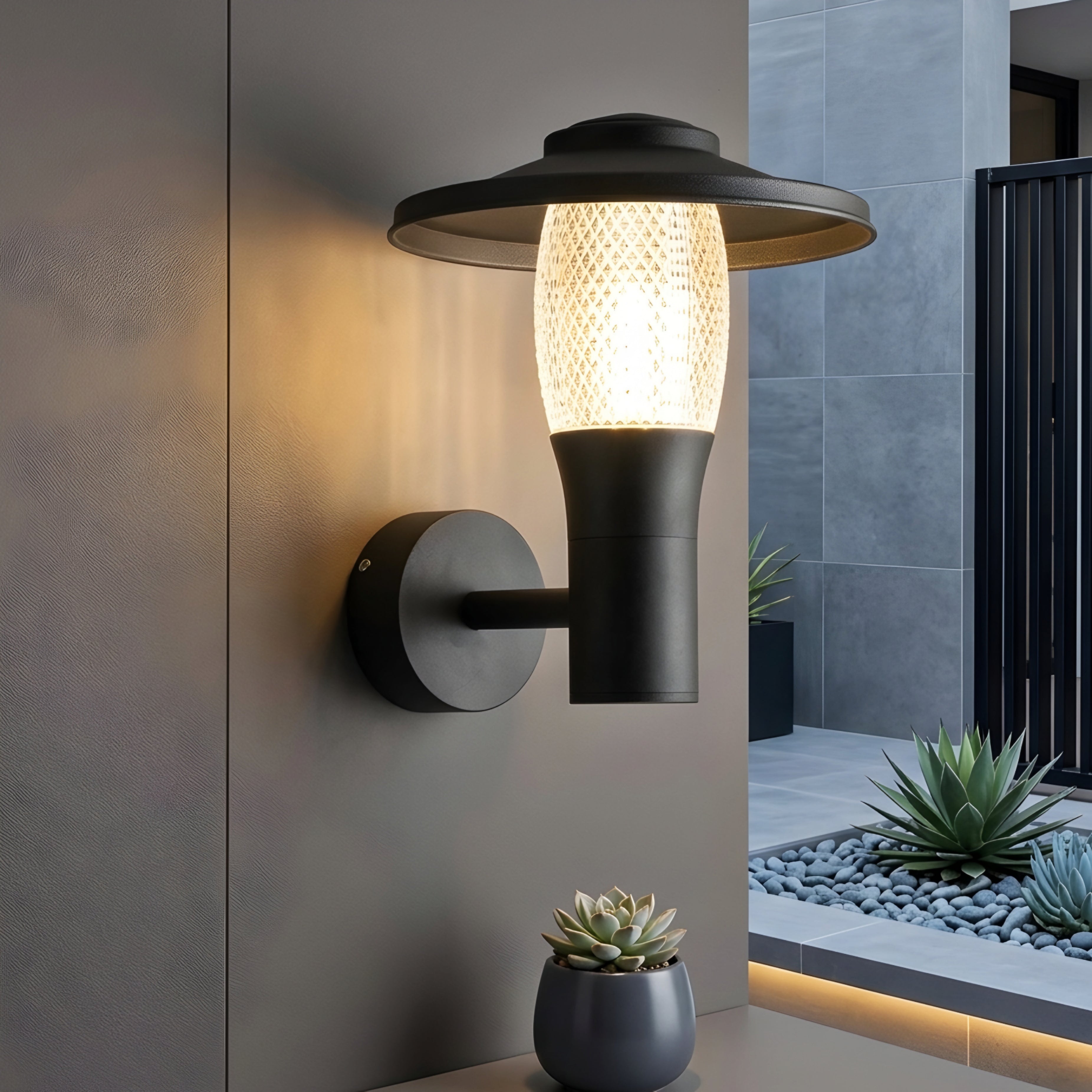 Aldric Lantern Wall Sconce – Outdoor LED Textured Glass Black Metal Patio Entryway Decorative Lighting Fixture