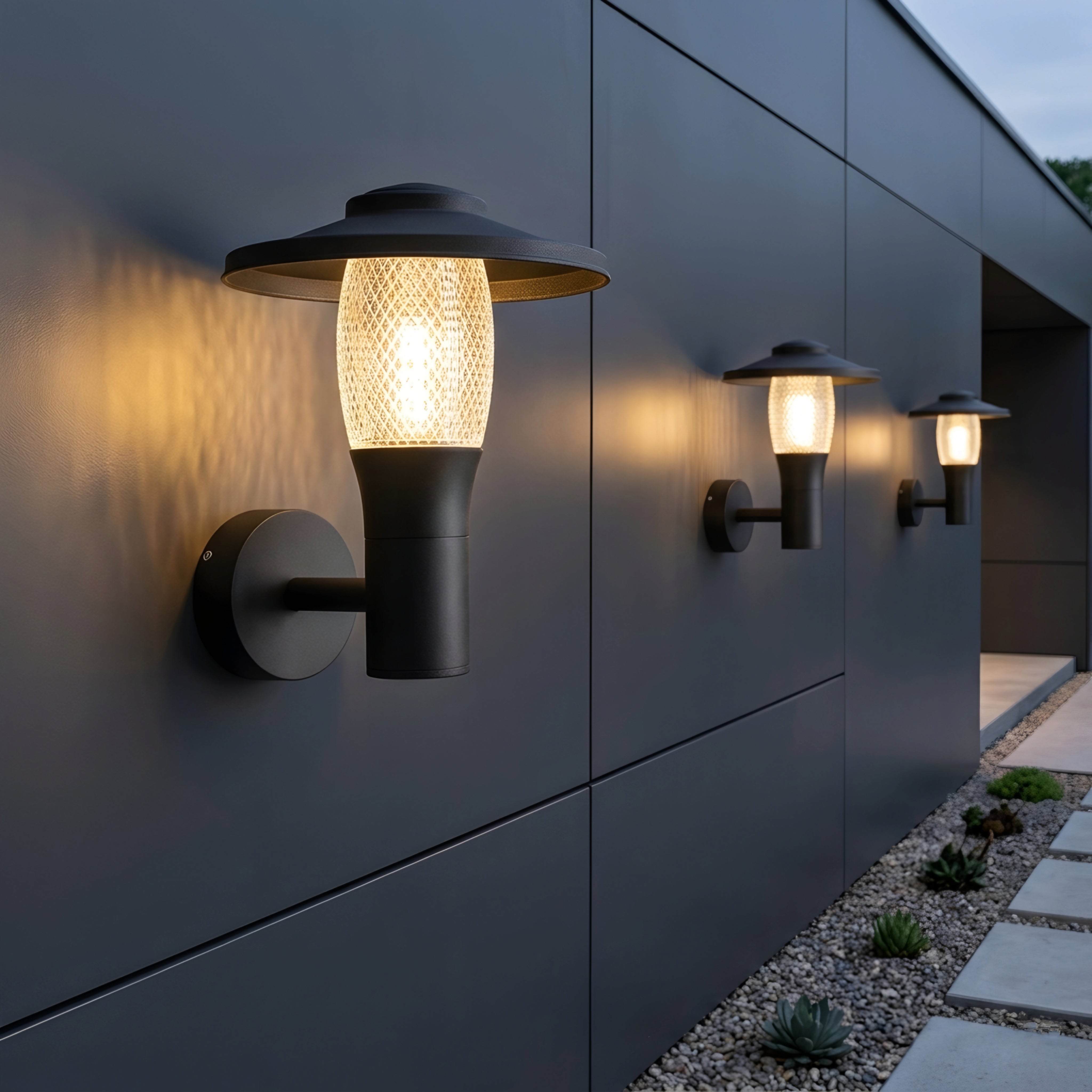 Aldric Lantern Wall Sconce – Outdoor LED Textured Glass Black Metal Patio Entryway Decorative Lighting Fixture