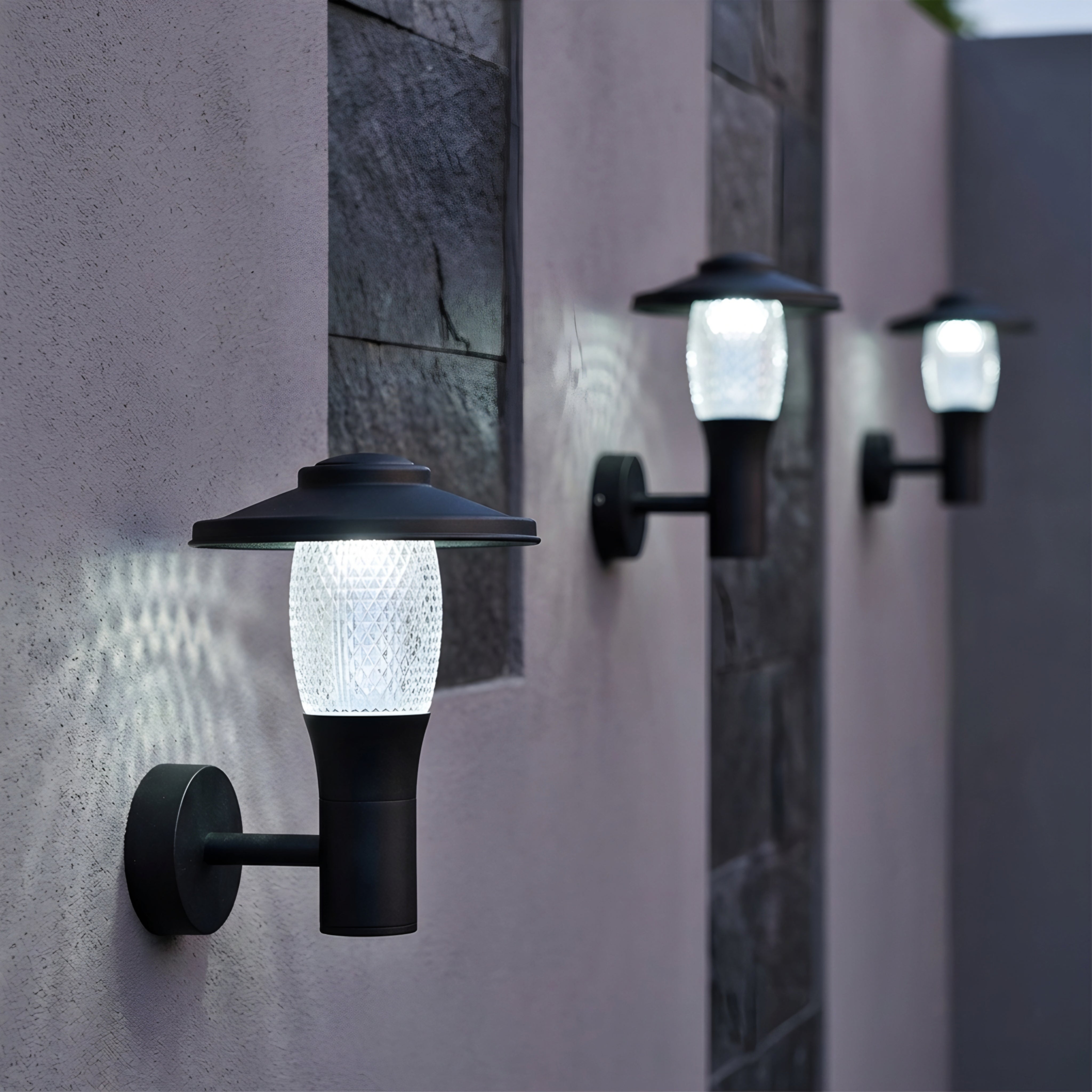 Aldric Lantern Wall Sconce – Outdoor LED Textured Glass Black Metal Patio Entryway Decorative Lighting Fixture