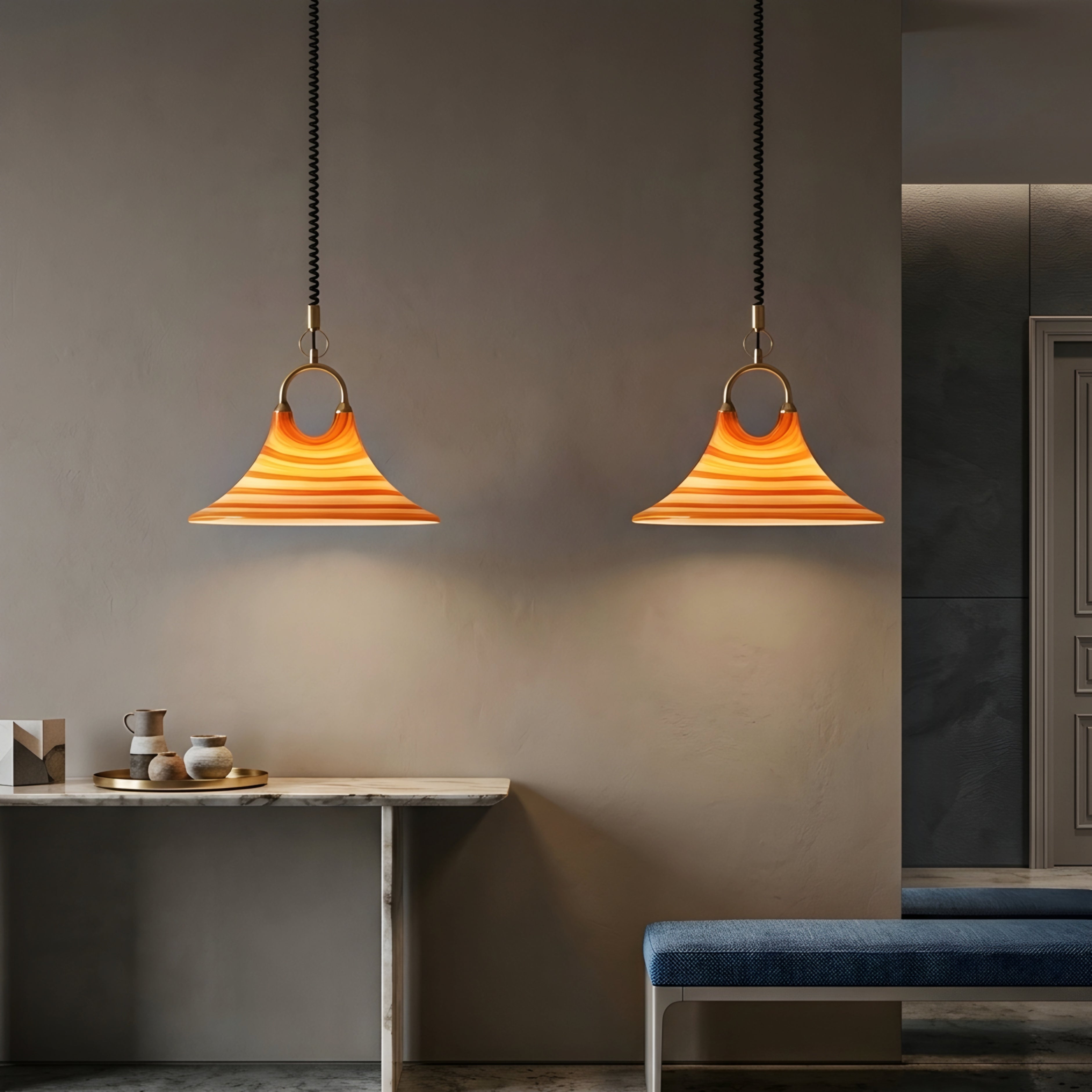 Solstice Pendant Light – Modern Striped Orange Brass Hanging Ceiling Kitchen Island Dining Room