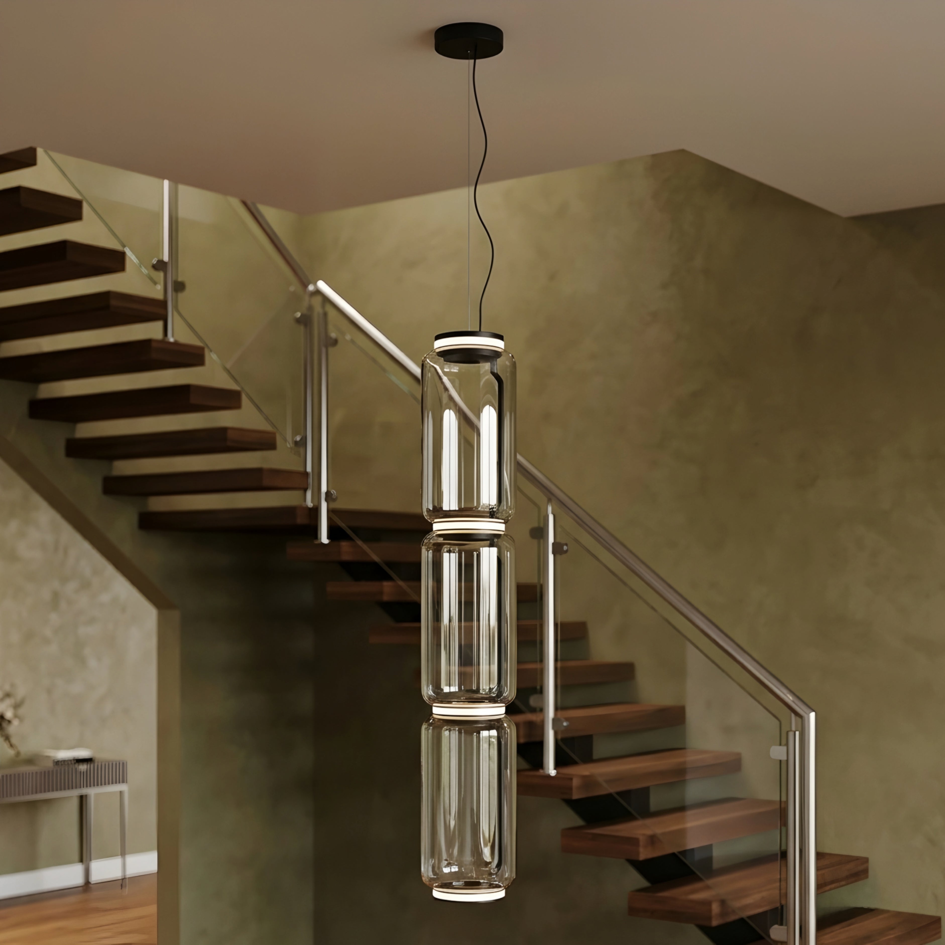 Triluxe Glass Pendant Light – Modern Cylinder Pendant Lighting Fixture Kitchen Island Dining Room