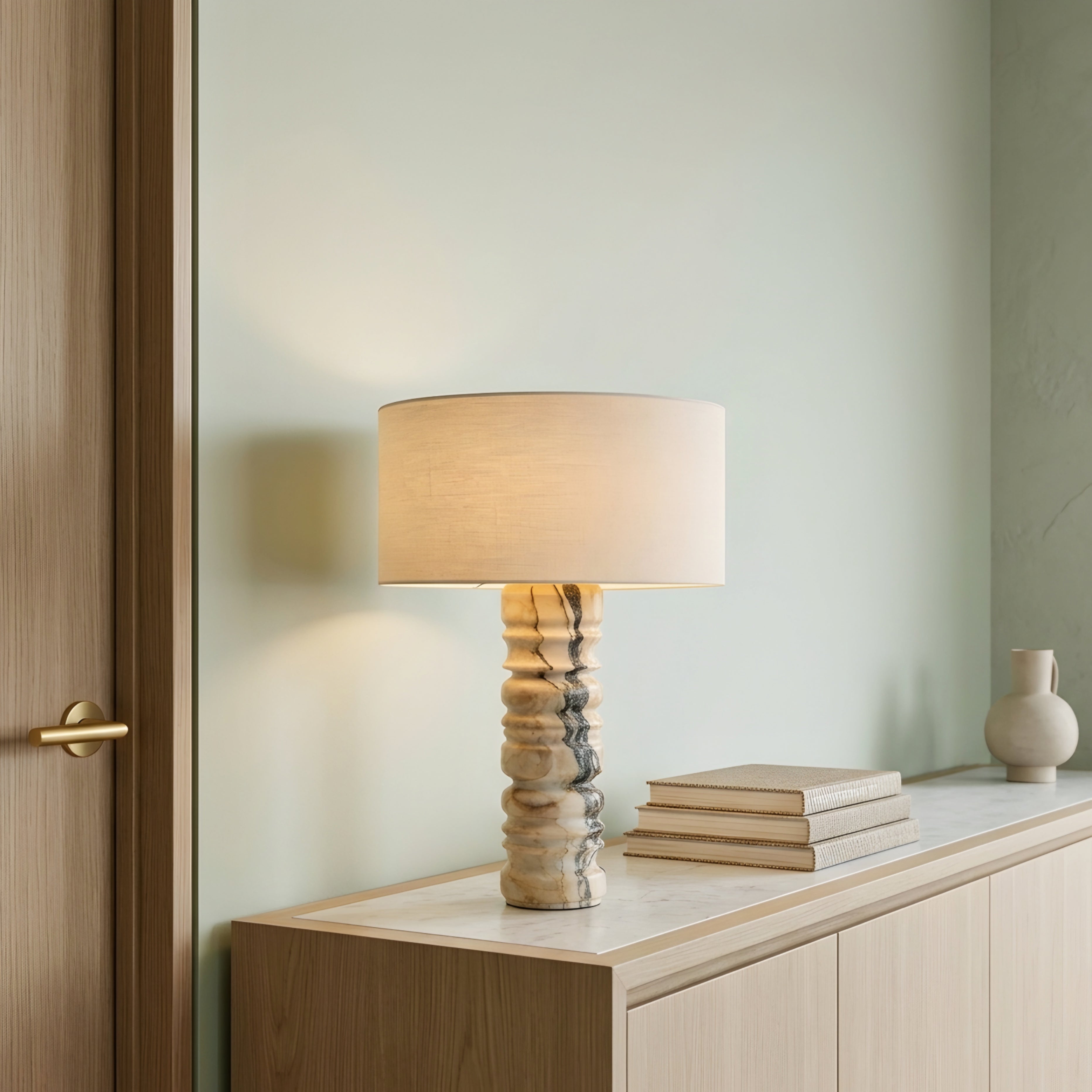 Strato Marble Table Lamp – Modern Dark Green Marble Base White Drum Shade Living Room Bedroom Decorative Lighting