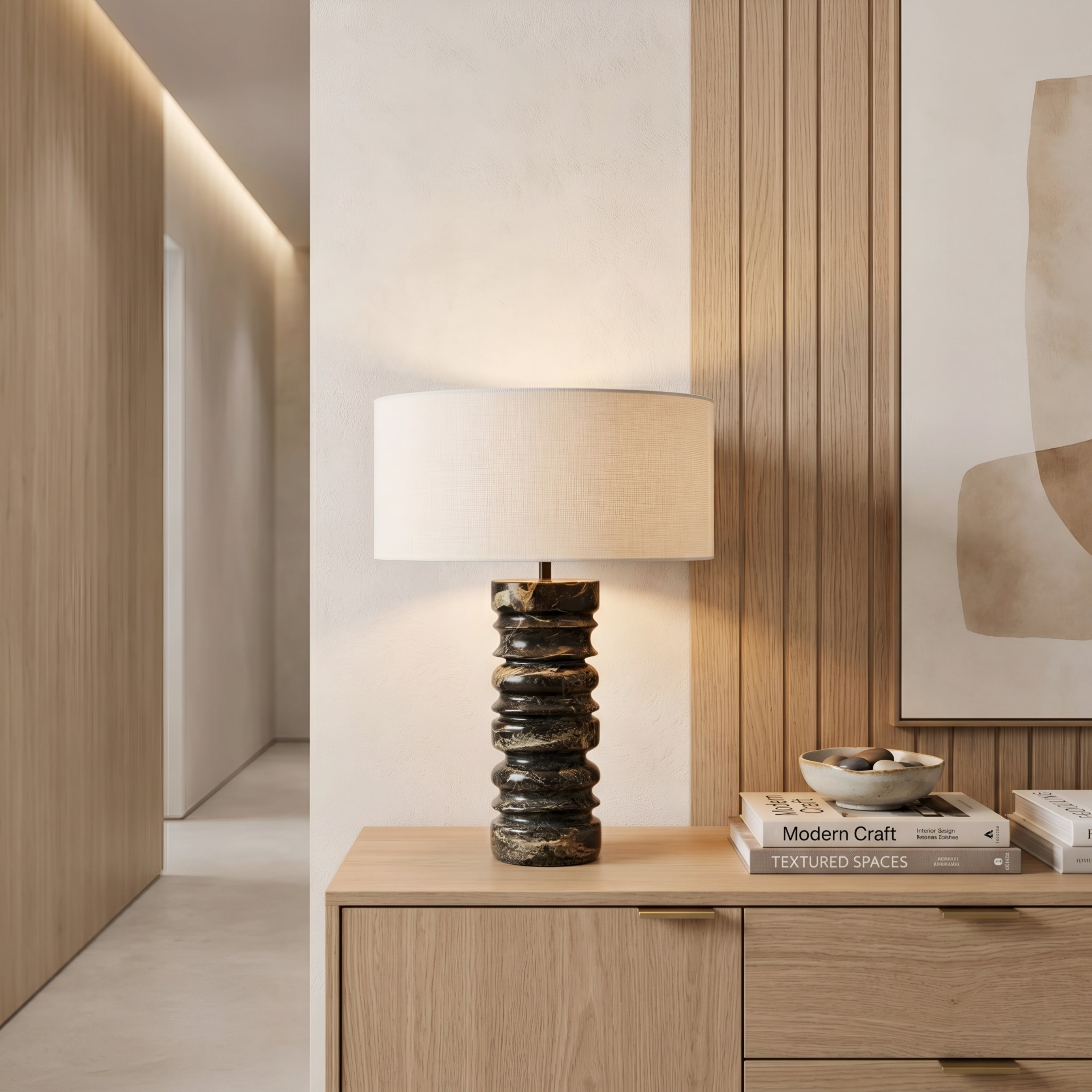 Strato Marble Table Lamp – Modern Dark Green Marble Base White Drum Shade Living Room Bedroom Decorative Lighting