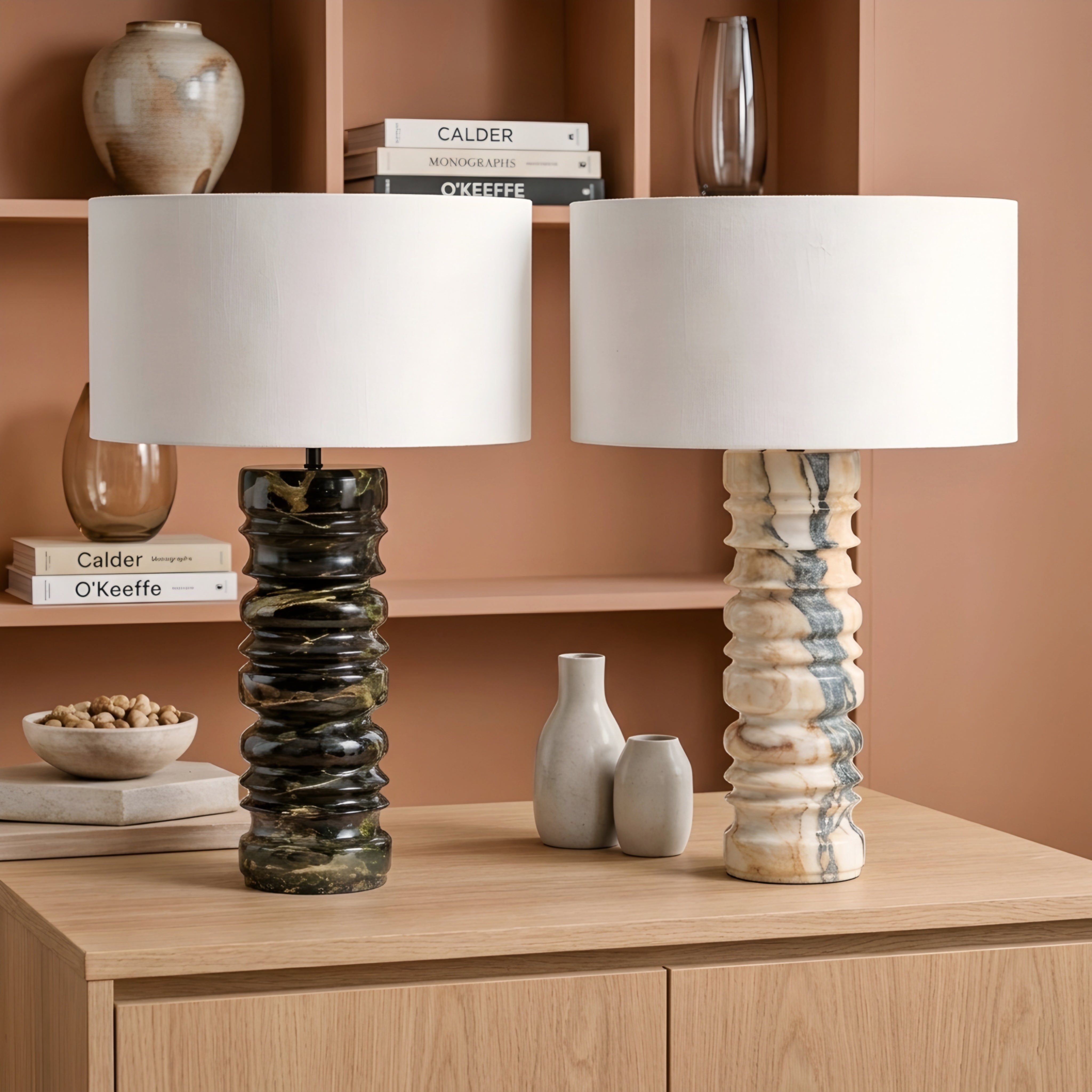 Strato Marble Table Lamp – Modern Dark Green Marble Base White Drum Shade Living Room Bedroom Decorative Lighting