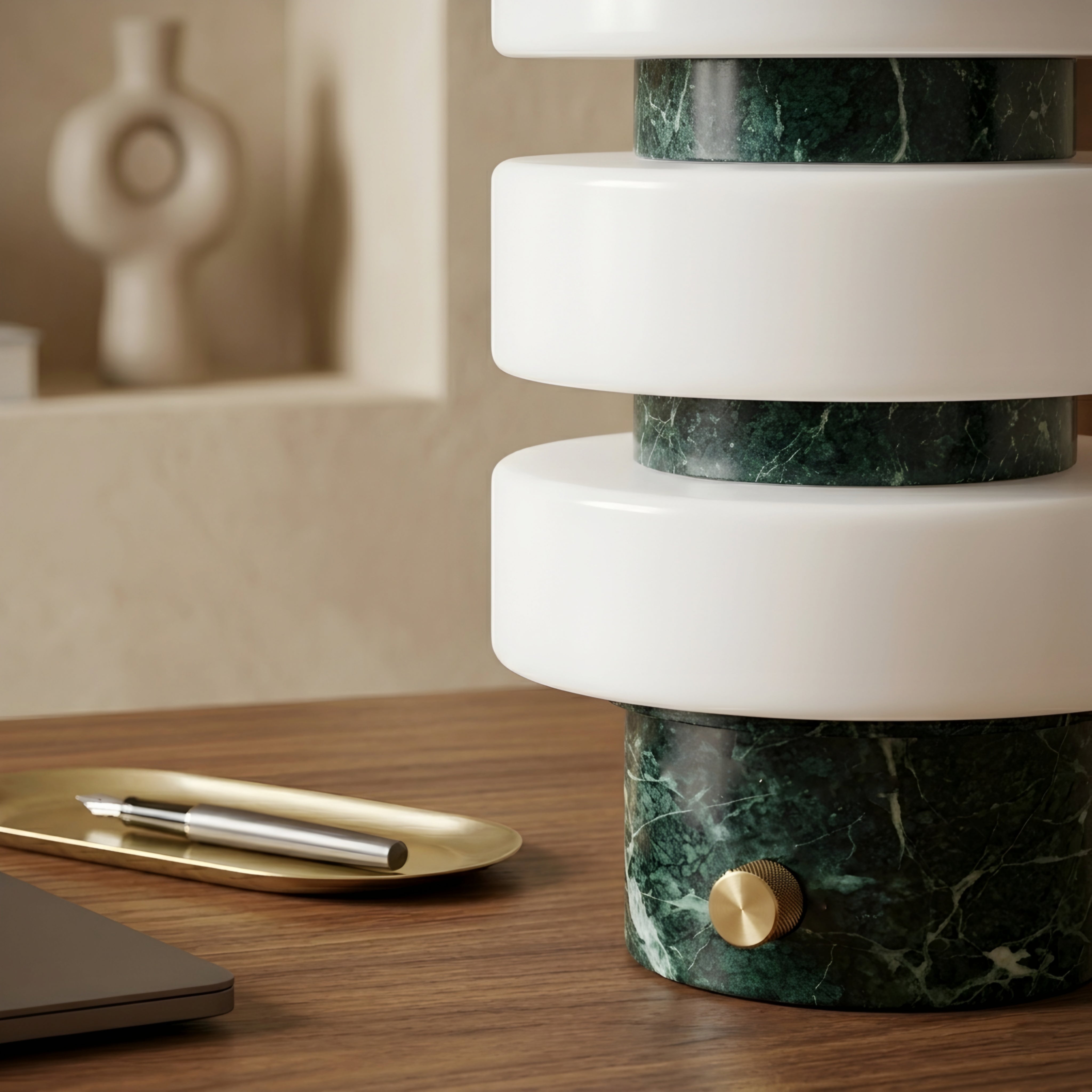 Stratum Verde Table Lamp – Marble Green White Stacked Modern Decorative Lighting Bedroom Living Room