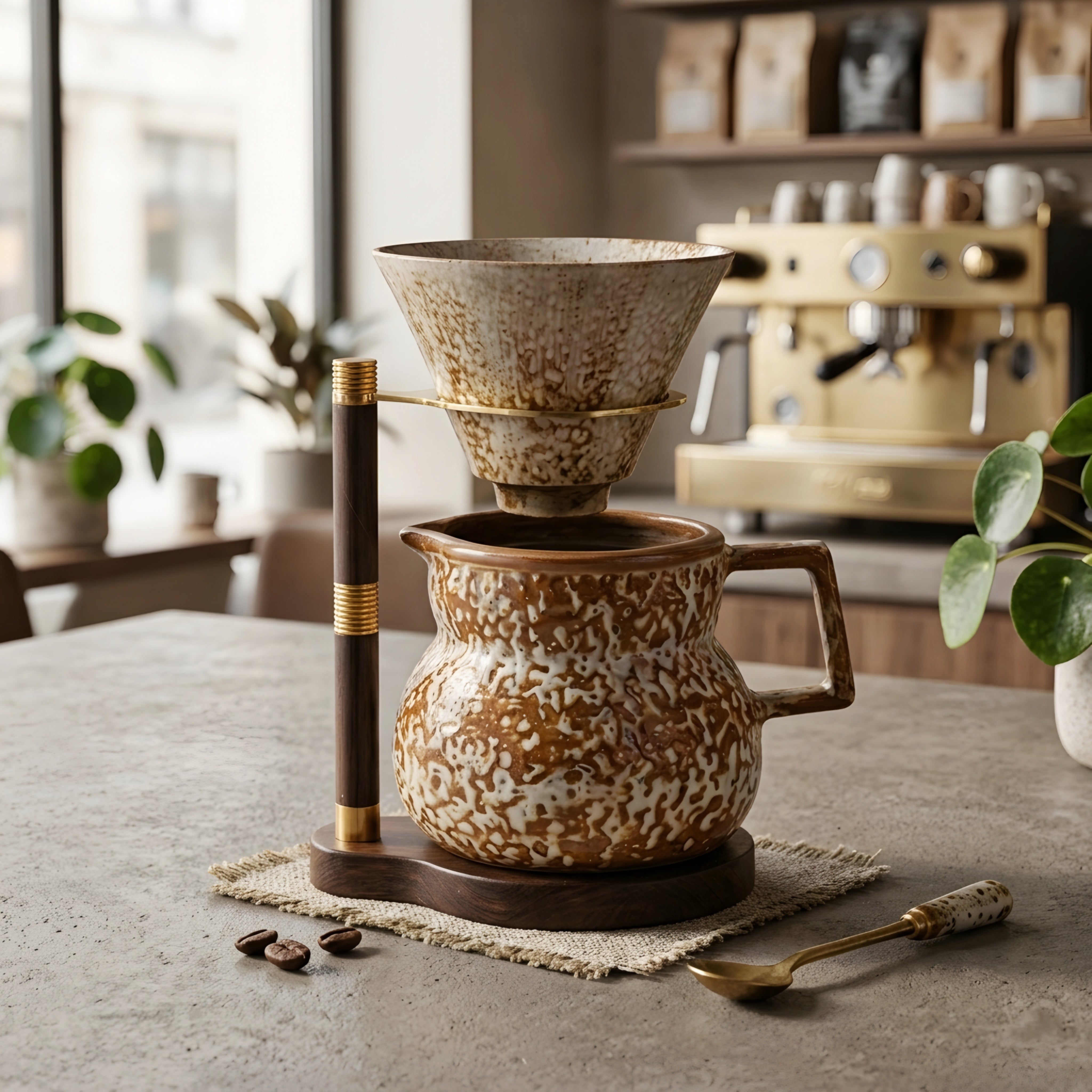 Torreno Pour Over Coffee Set – Ceramic Speckled Brown Dripper Brewer Wood Stand Kitchen Coffee Maker