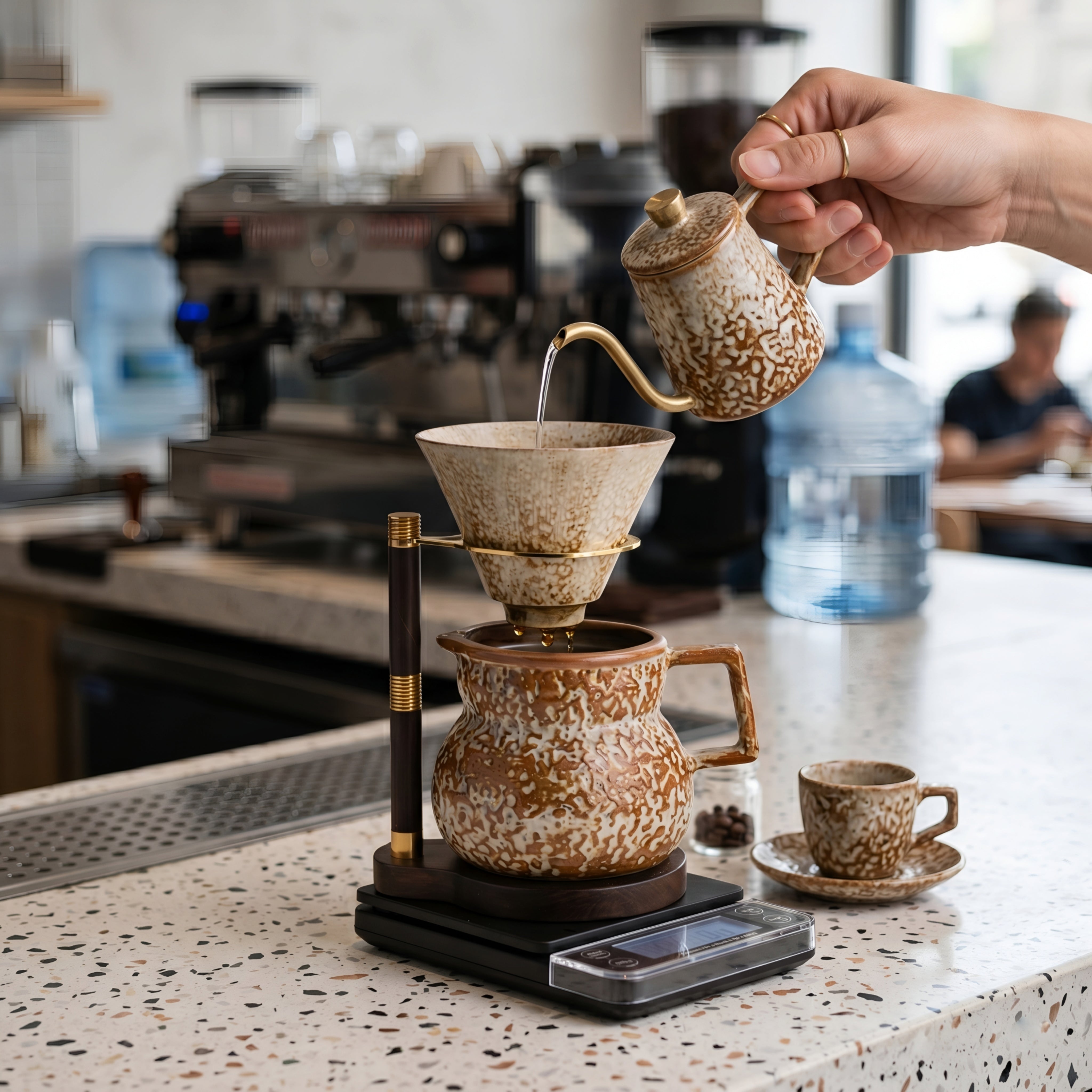 Torreno Pour Over Coffee Set – Ceramic Speckled Brown Dripper Brewer Wood Stand Kitchen Coffee Maker