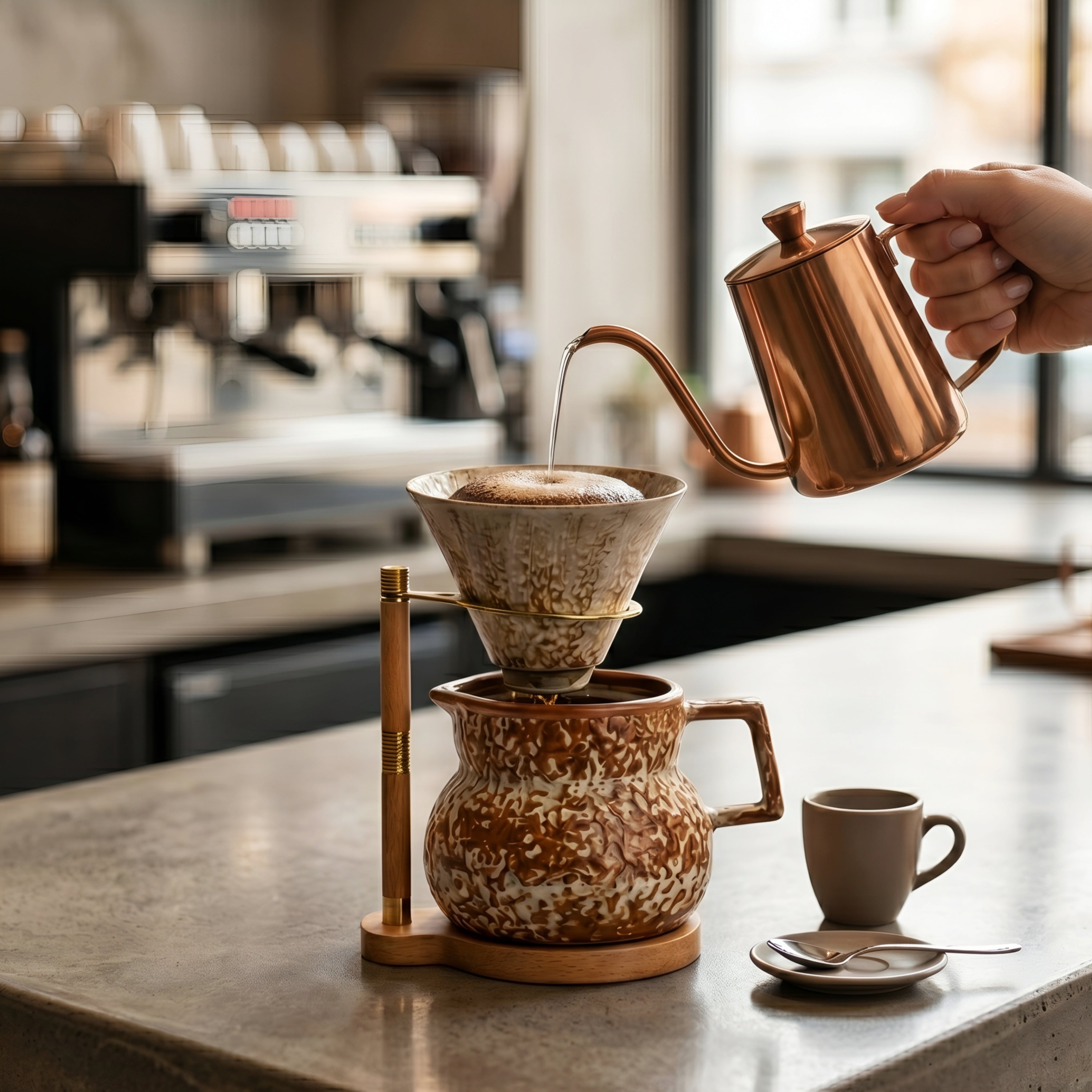 Torreno Pour Over Coffee Set – Ceramic Speckled Brown Dripper Brewer Wood Stand Kitchen Coffee Maker