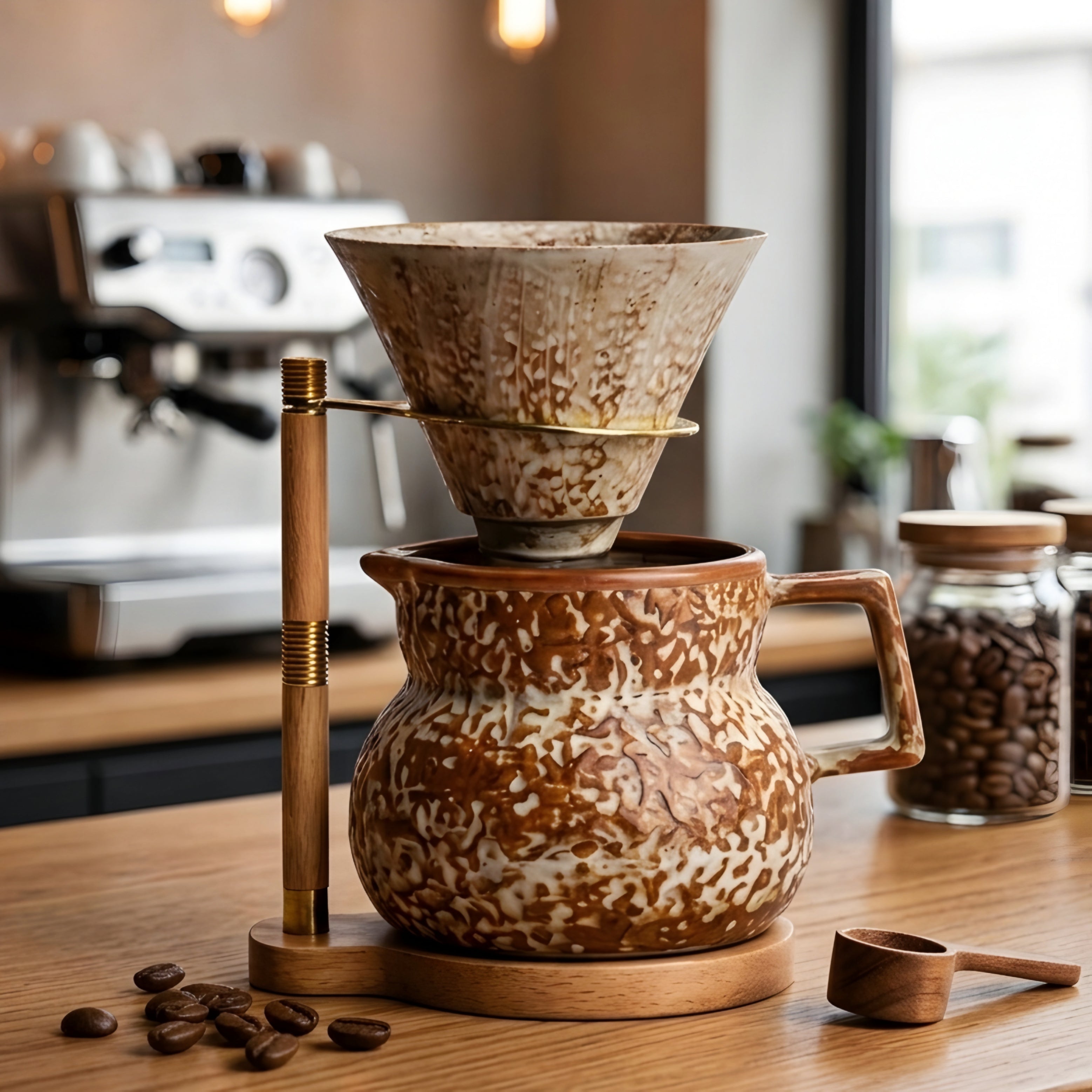 Torreno Pour Over Coffee Set – Ceramic Speckled Brown Dripper Brewer Wood Stand Kitchen Coffee Maker